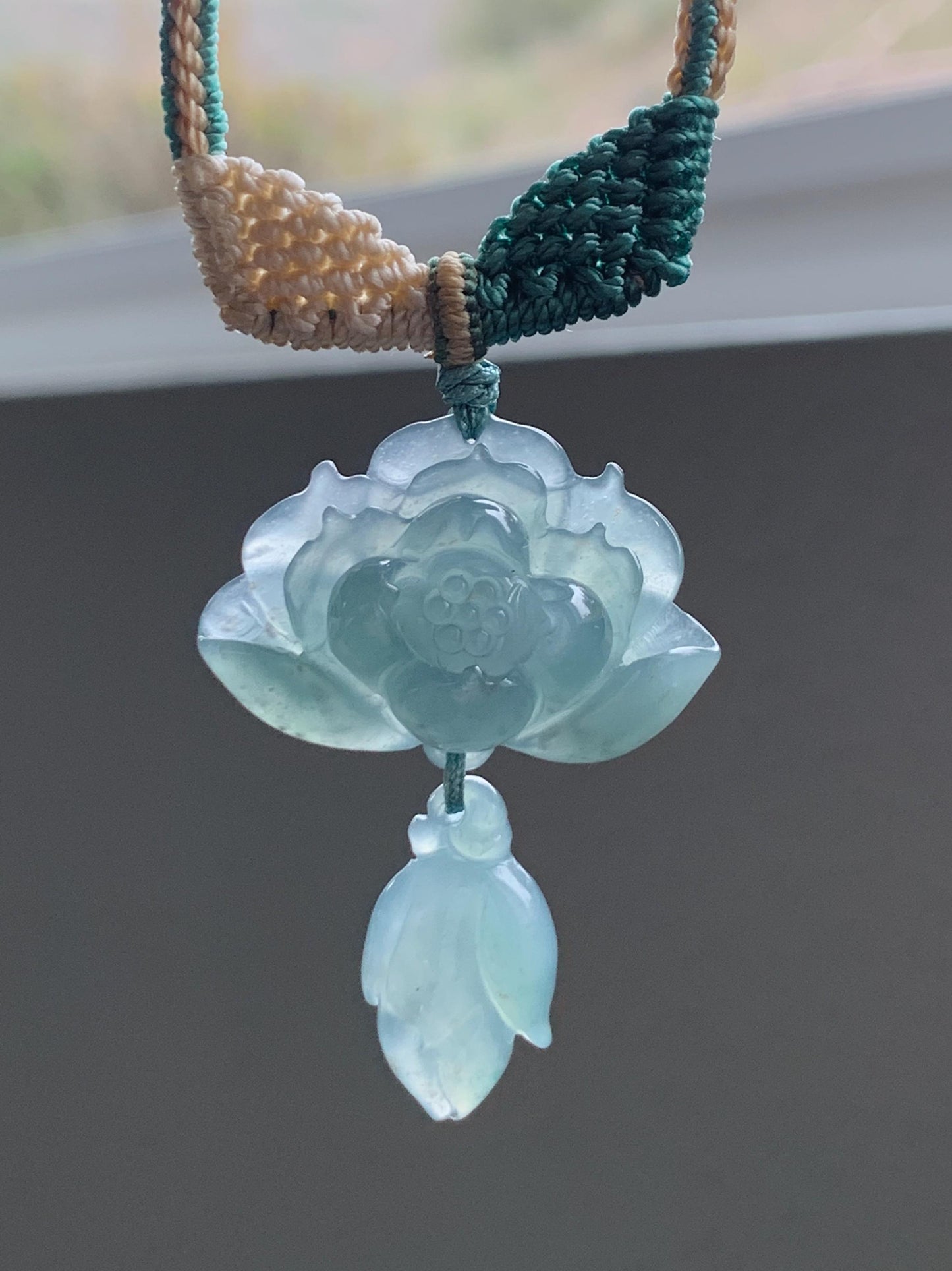 Natural Grade A Guatemalan Icy Translucent Teal Blue Jadeite Lotus Flower Pendant Rope Necklace Adjustable 27” 12g 天然冰危蓝翡翠莲花花苞吊坠挂件 C