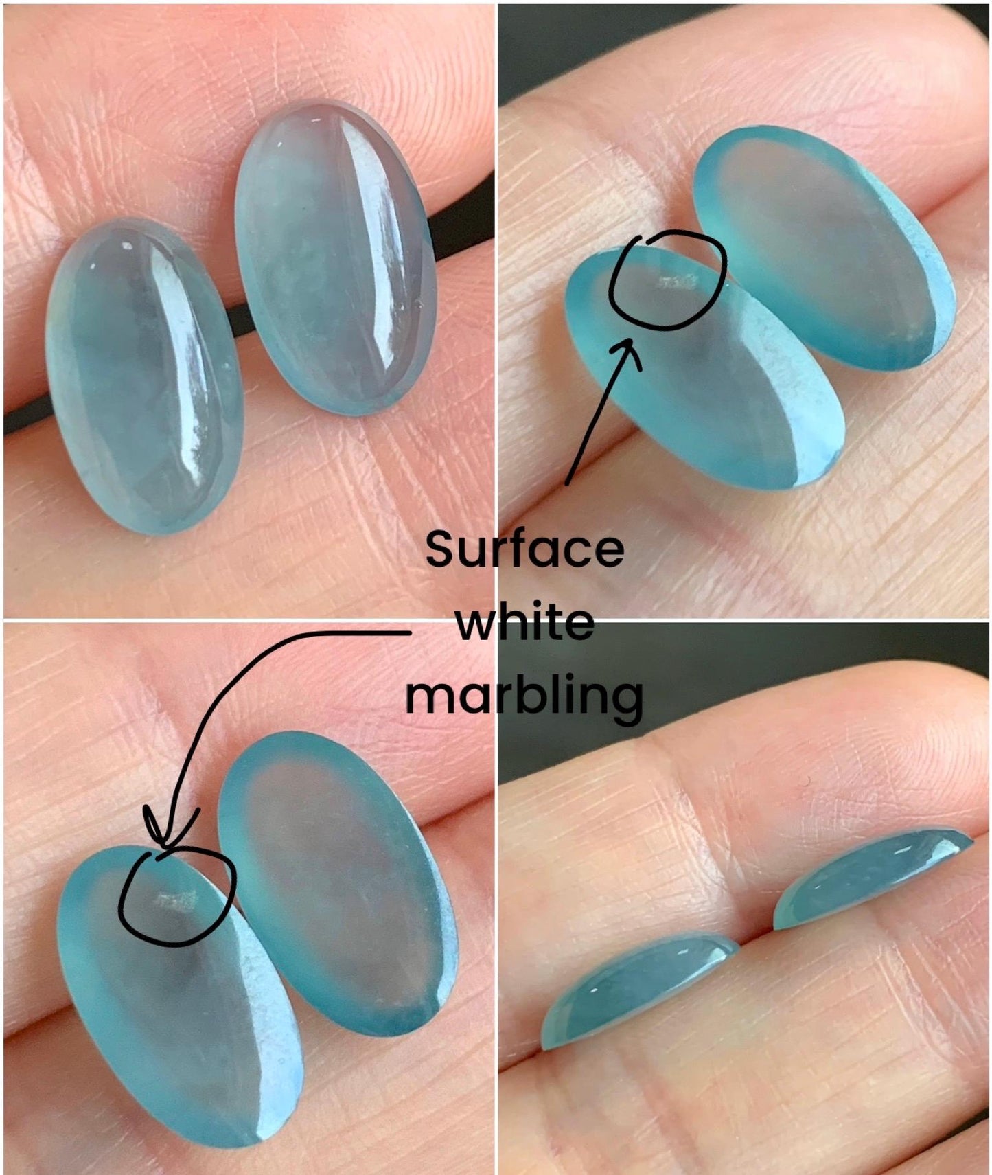 Natural Grade A Guatemalan Icy Highly Translucent Light Blue Jadeite Oval Cabochon Set of 2 For Earrings 天然老种冰危浅蓝翡翠椭圆蛋面 TYD180