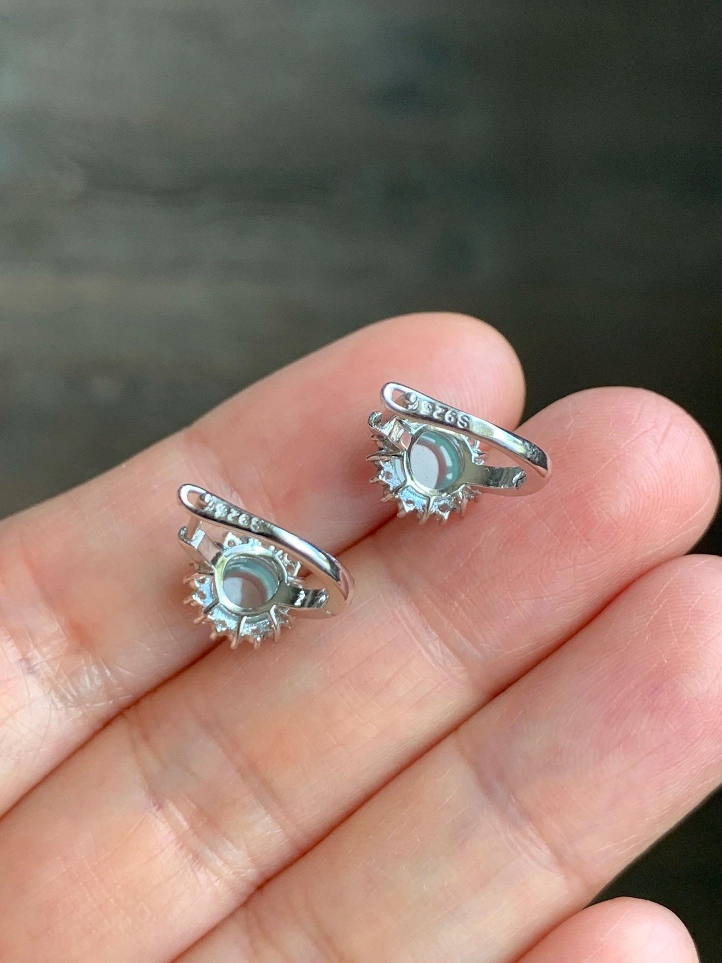 Natural Grade A Guatemalan Icy Highly Translucent Pastel Blue Jadeite Halo Style Huggie Hoop Earrings 天然冰危淡蓝翡翠银镶耳包 WBHD70