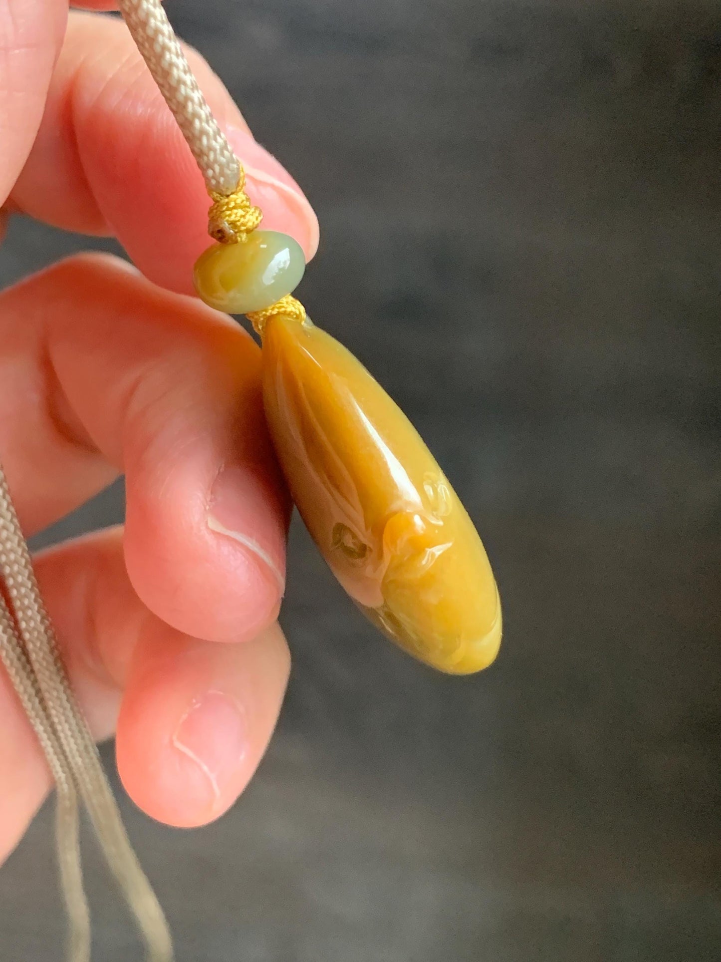 Natural Grade A Guatemalan Icy Translucent Intense Yellow Jadeite Carved Angel Fish Pendant Rope Necklace 26” 22g 天然危黄翡天使鱼吊坠挂件