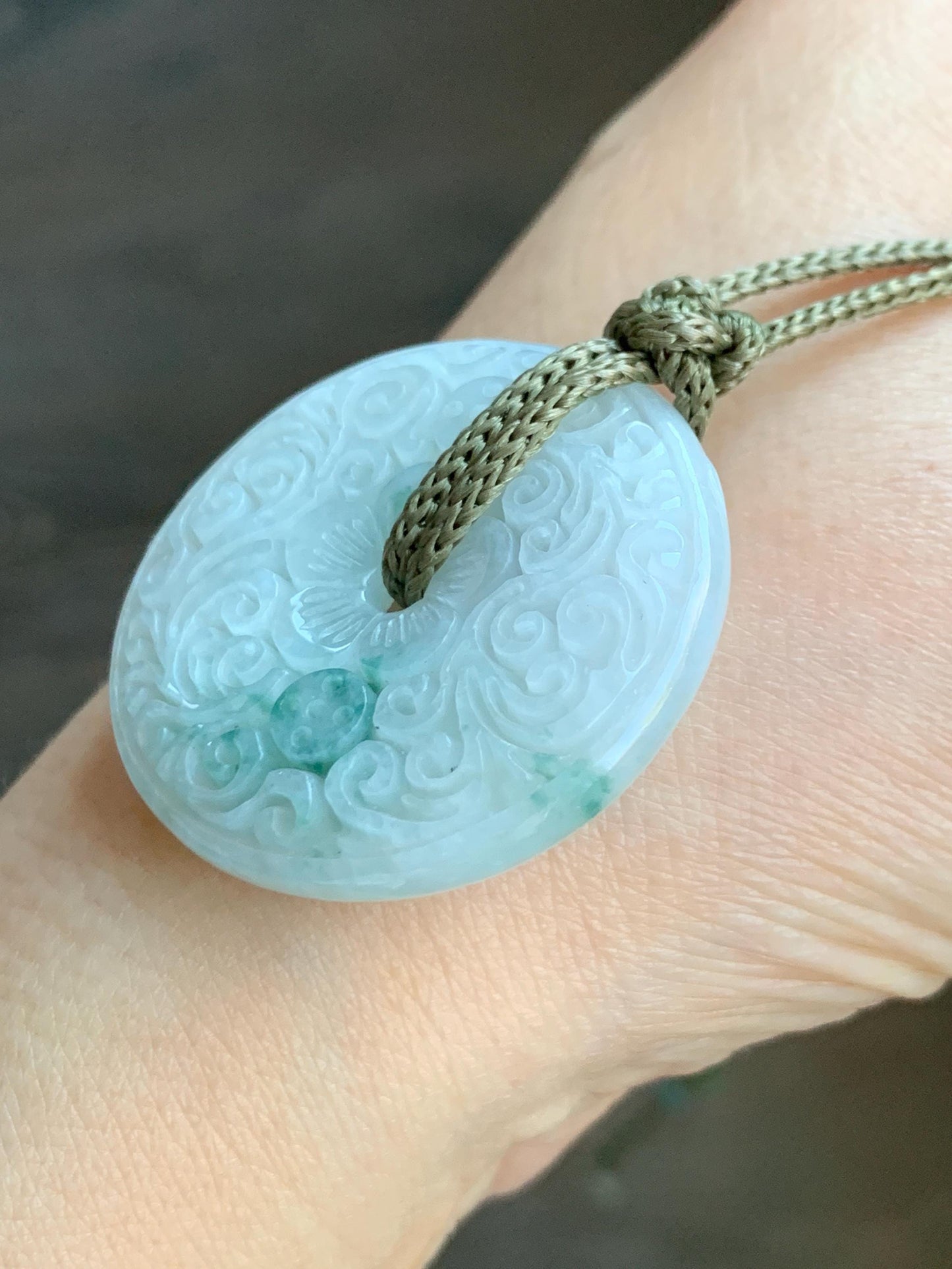 Natural Grade A Icy Translucent Jadeite w/ Green Marbling Engraved Ping An Kou Donut Pendant Rope Necklace 23.5” 17g 天然冰飘花翡翠仿古雕平安扣吊坠挂件 PHM66