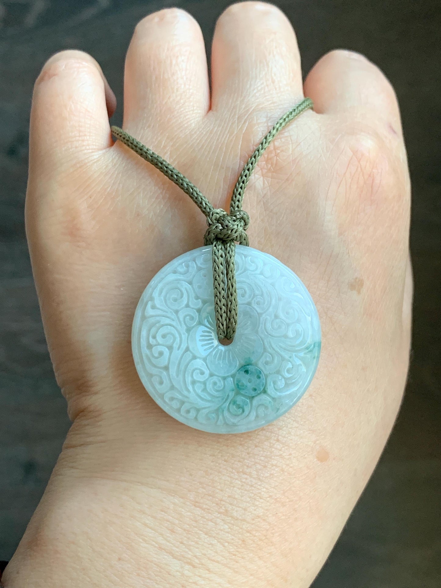 Natural Grade A Icy Translucent Jadeite w/ Green Marbling Engraved Ping An Kou Donut Pendant Rope Necklace 23.5” 17g 天然冰飘花翡翠仿古雕平安扣吊坠挂件 PHM66
