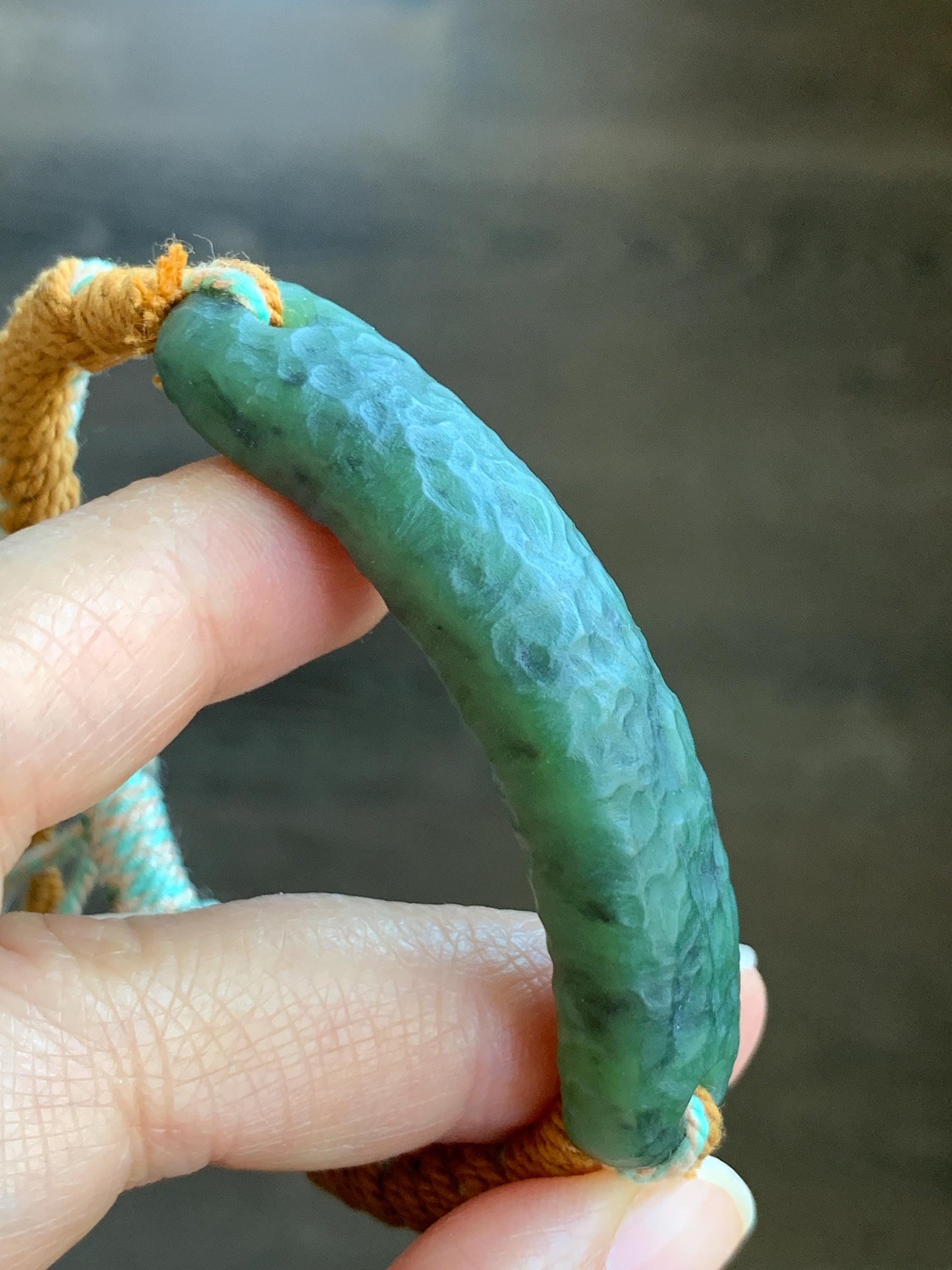 Natural Grade A Nephrite Jade Cuff Rope Bracelet Translucent Dark Green Adjustable 6.75" 20g 天然和田玉仿古手牌手绳 C