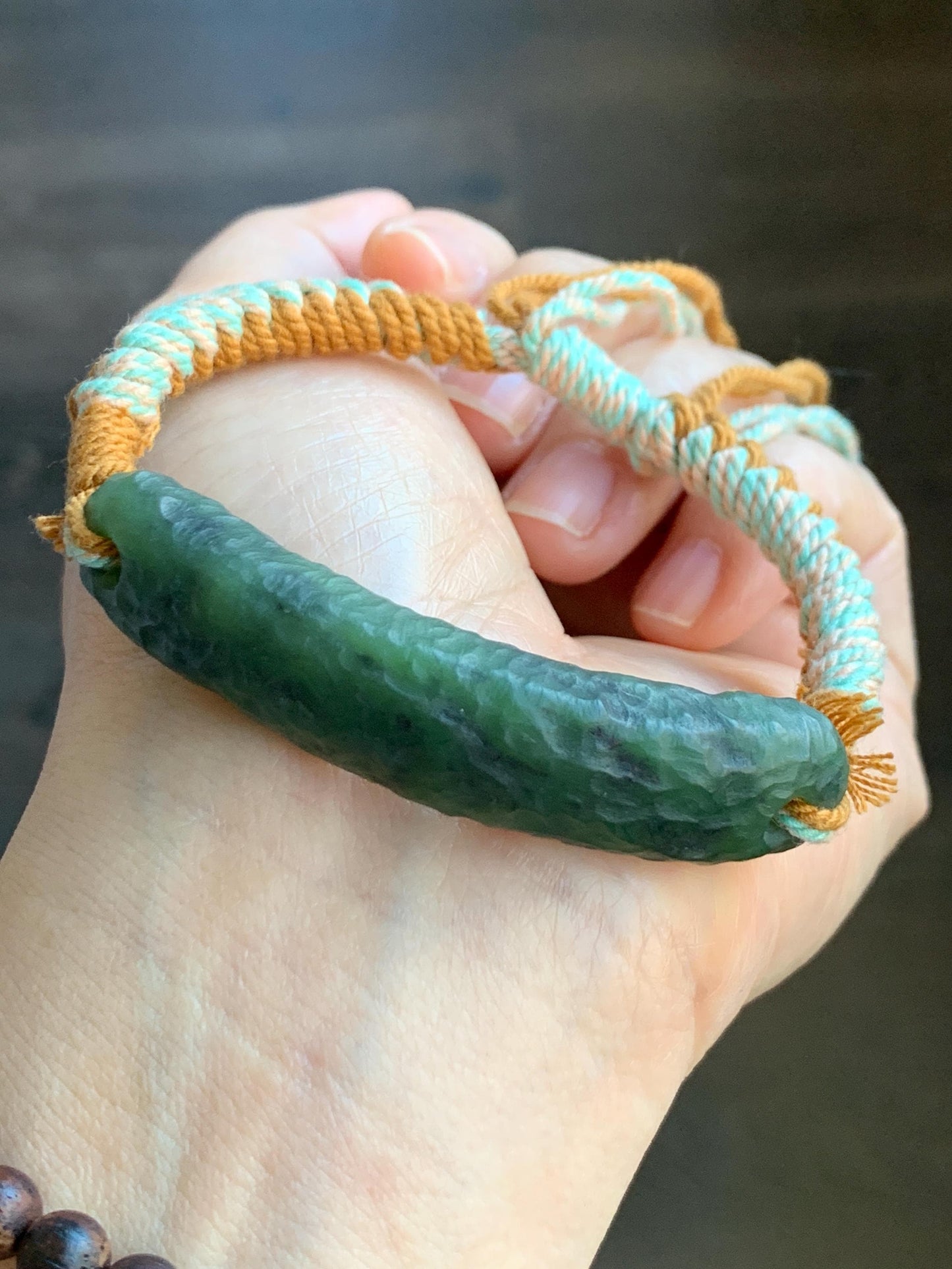 Natural Grade A Nephrite Jade Cuff Rope Bracelet Translucent Dark Green Adjustable 6.75" 20g 天然和田玉仿古手牌手绳 C