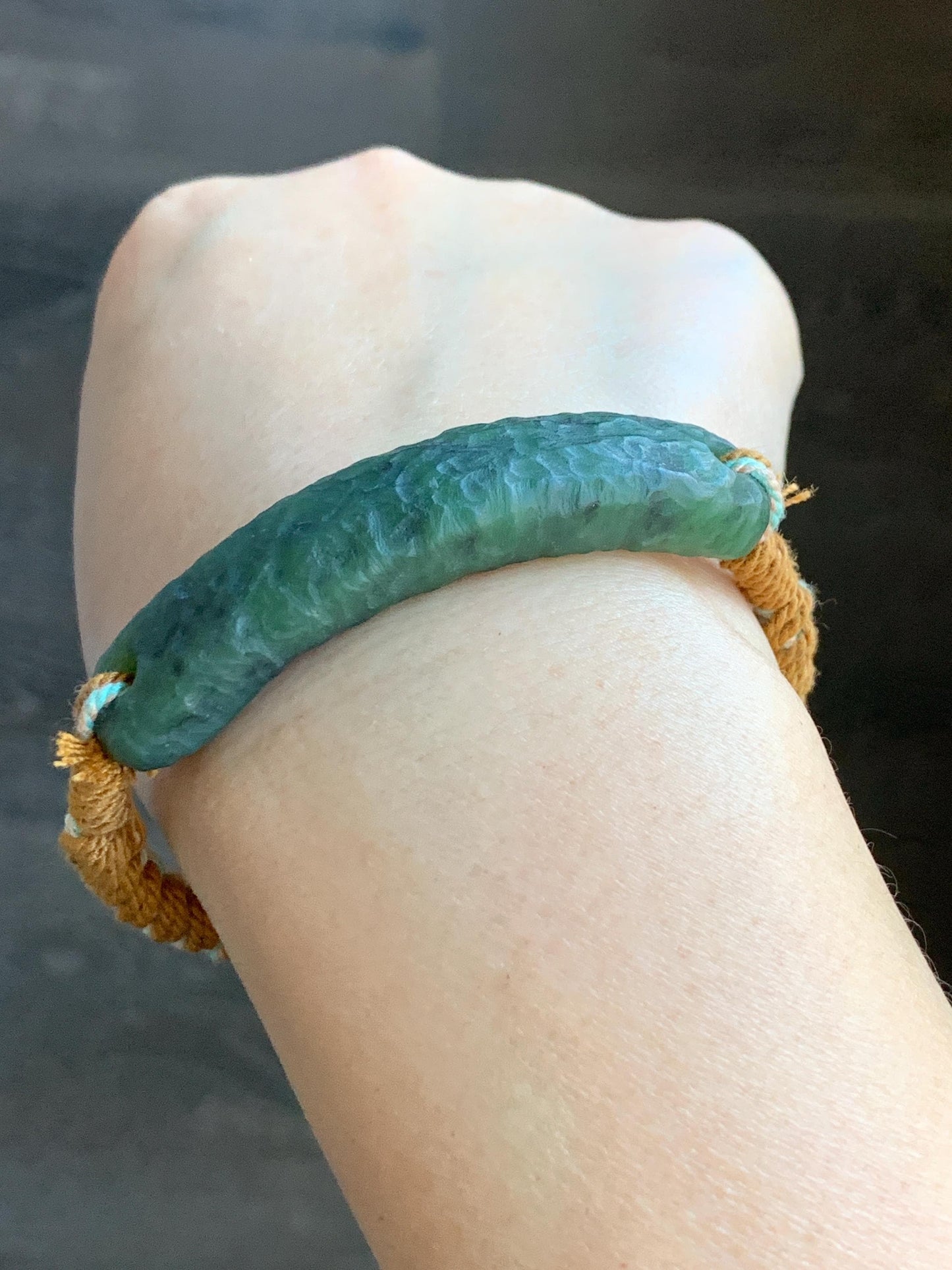 Natural Grade A Nephrite Jade Cuff Rope Bracelet Translucent Dark Green Adjustable 6.75" 20g 天然和田玉仿古手牌手绳 C