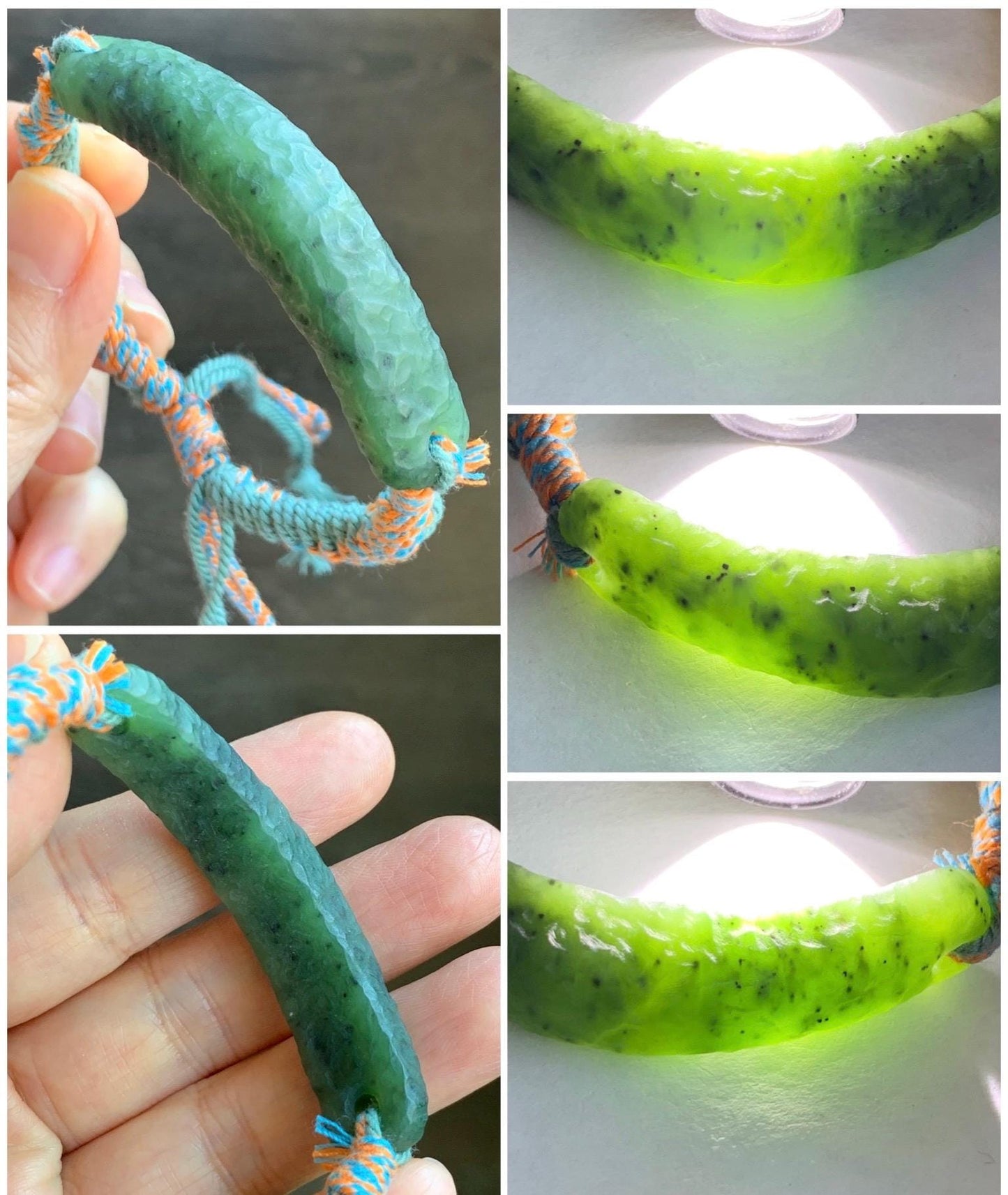 Natural Grade A Nephrite Jade Cuff Rope Bracelet Translucent Dark Green Adjustable 7" 19g 天然和田玉仿古手牌手绳 B