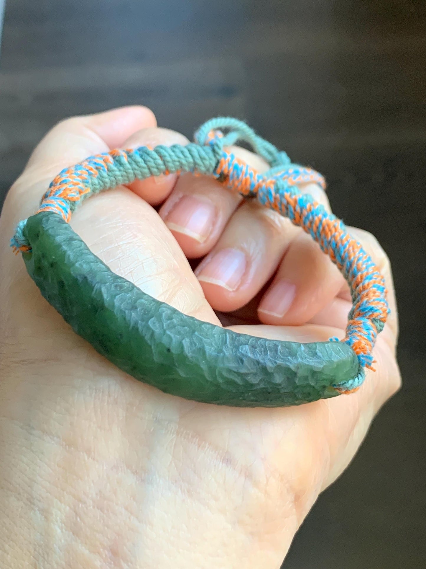 Natural Grade A Nephrite Jade Cuff Rope Bracelet Translucent Dark Green Adjustable 7" 19g 天然和田玉仿古手牌手绳 B