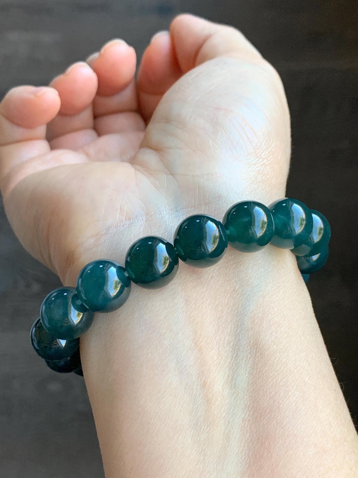 Certified Natural Grade A Guatemalan Icy Translucent Gelatinous Dark Teal Blue Jadeite Beaded Bracelet 11.8mm 7.25” 48g 天然老种冰危深蓝翡翠大卡手串 7853