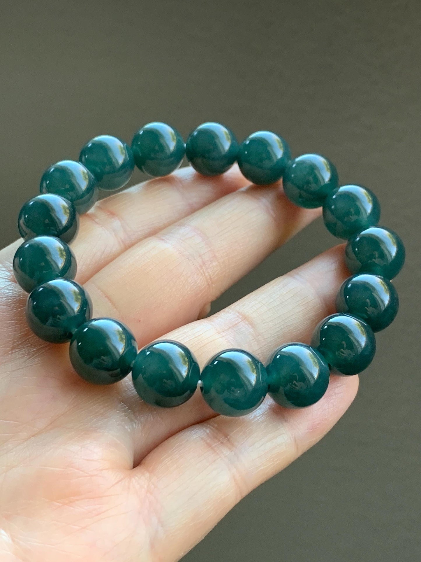 Certified Natural Grade A Guatemalan Icy Translucent Gelatinous Dark Teal Blue Jadeite Beaded Bracelet 11.8mm 7.25” 48g 天然老种冰危深蓝翡翠大卡手串 7853