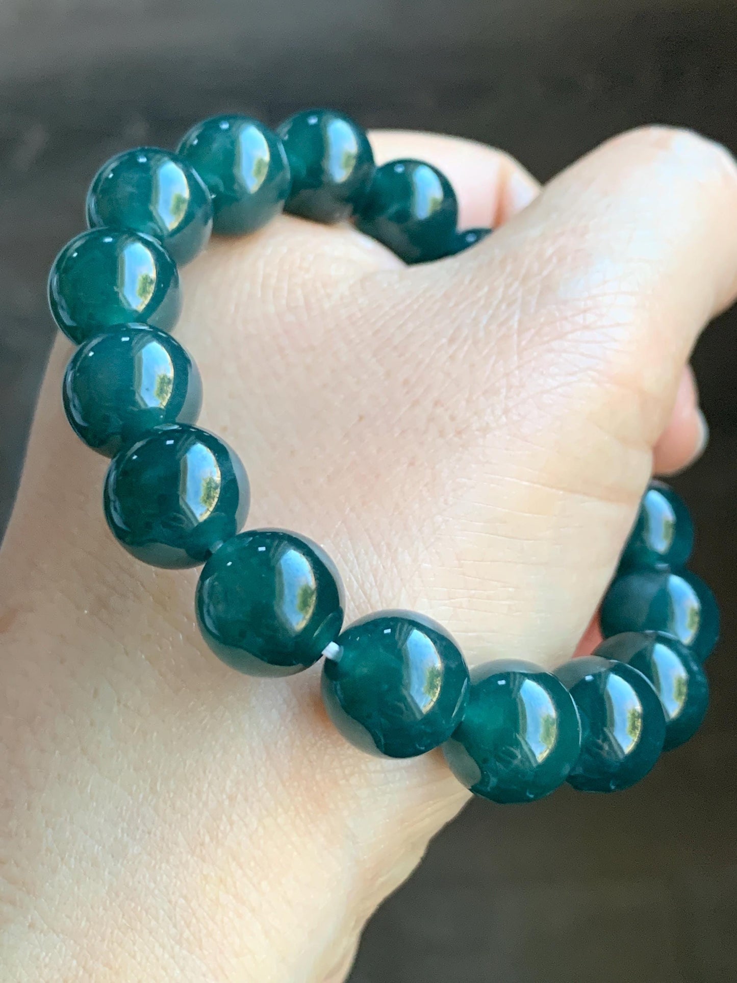 Certified Natural Grade A Guatemalan Icy Translucent Gelatinous Dark Teal Blue Jadeite Beaded Bracelet 11.8mm 7.25” 48g 天然老种冰危深蓝翡翠大卡手串 7853