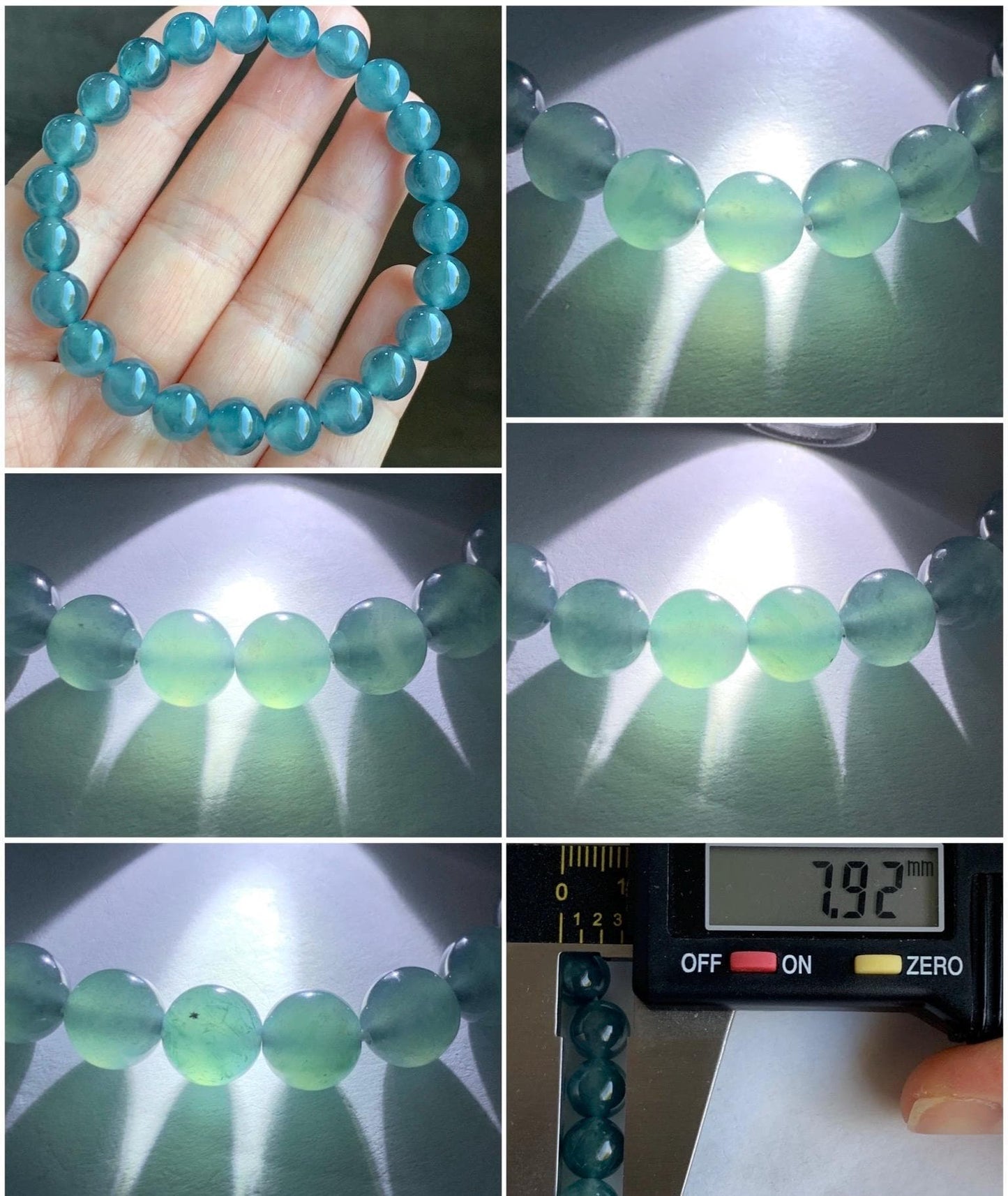 Natural Grade A Guatemalan Premium Icy Highly Translucent Dark Teal Blue Jadeite Beaded Bracelet 7.9mm 6.75” 19g 天然老种冰危深蓝翡翠手串 WBT320