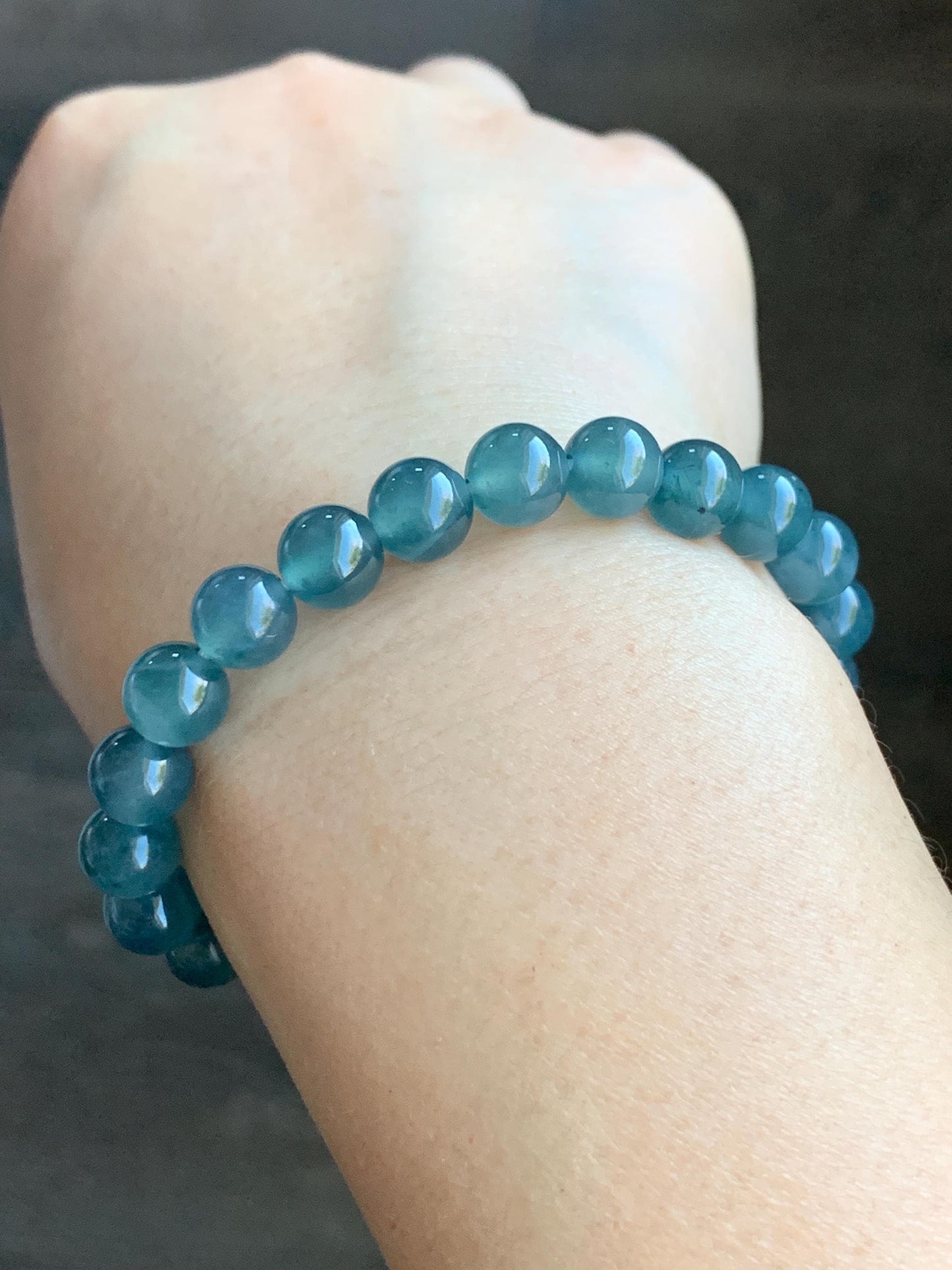 Natural Grade A Guatemalan Premium Icy Highly Translucent Dark Teal Blue Jadeite Beaded Bracelet 7.9mm 6.75” 19g 天然老种冰危深蓝翡翠手串 WBT320