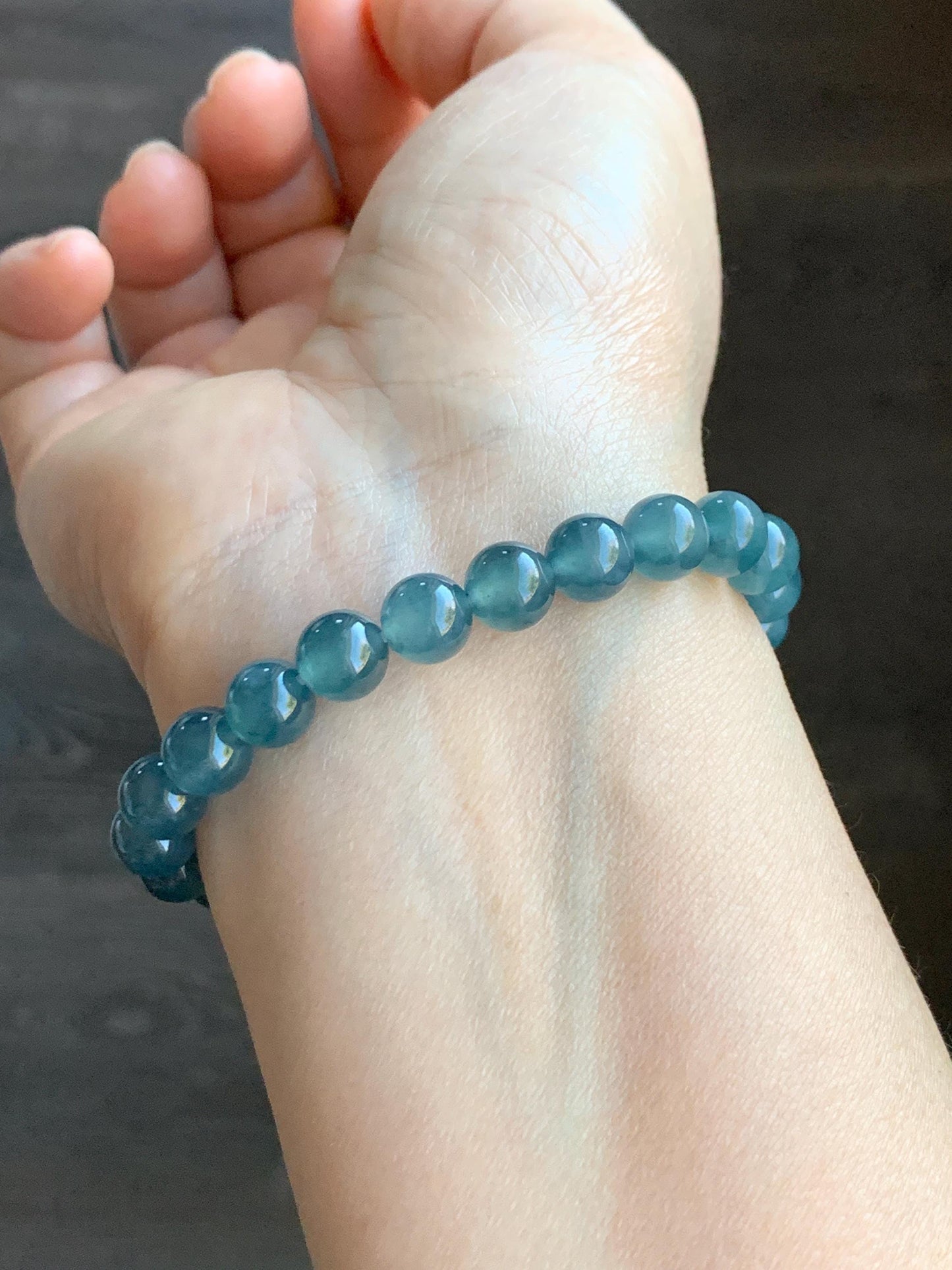 Natural Grade A Guatemalan Premium Icy Highly Translucent Dark Teal Blue Jadeite Beaded Bracelet 7.9mm 6.75” 19g 天然老种冰危深蓝翡翠手串 WBT320