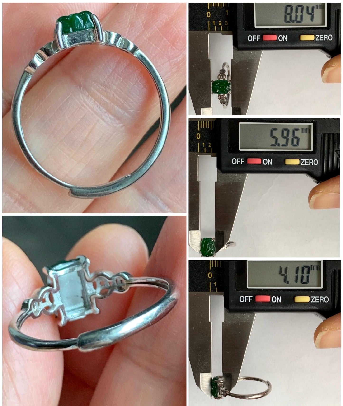 Natural Grade A Guatemalan Icy Translucent Vibrant Green Jadeite Petite Pixiu Ring Sterling Silver Size 7 Adjustable 天然冰危绿翡翠貔貅银镶戒指 XPP77