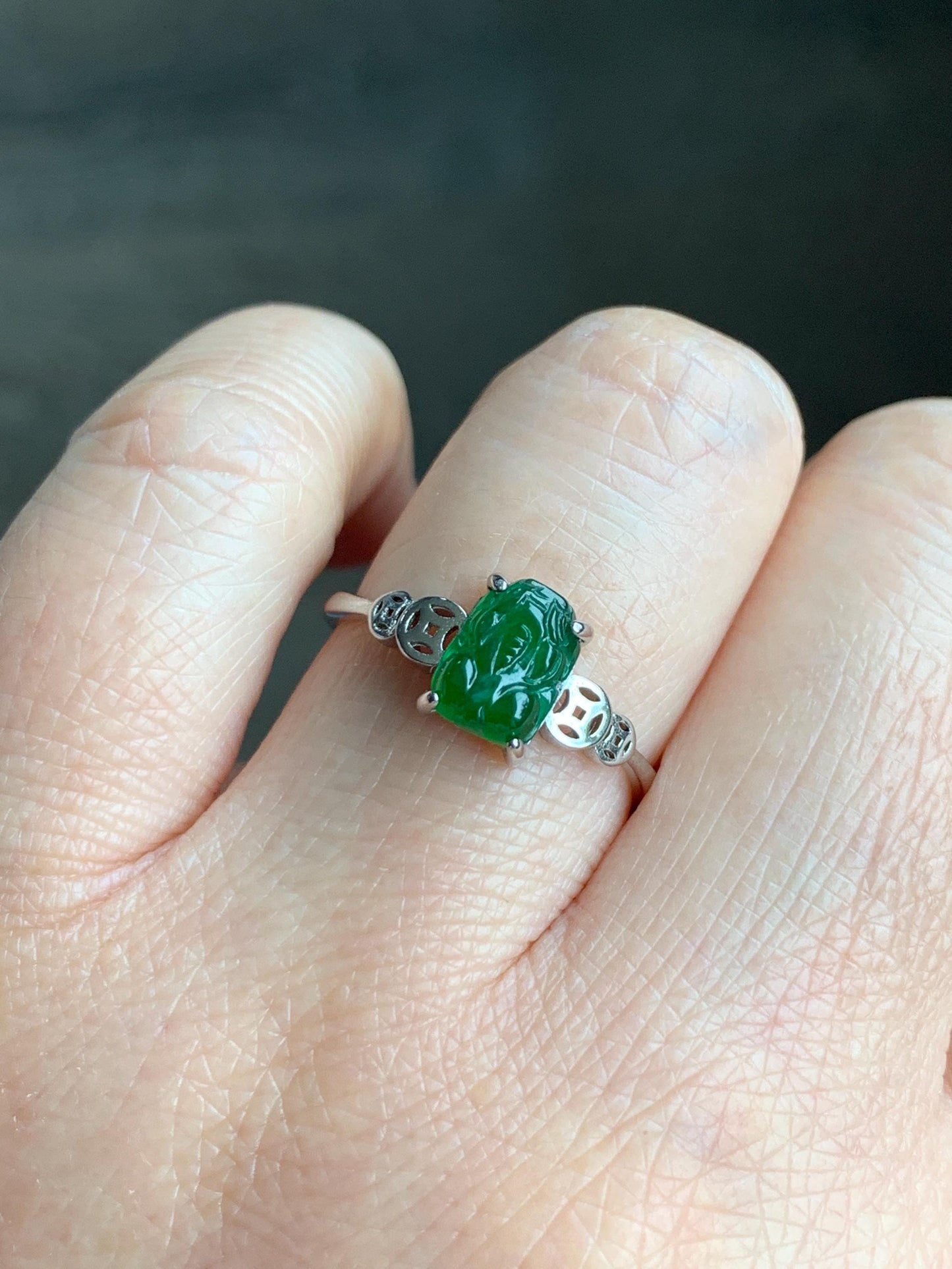 Natural Grade A Guatemalan Icy Translucent Vibrant Green Jadeite Petite Pixiu Ring Sterling Silver Size 7 Adjustable 天然冰危绿翡翠貔貅银镶戒指 XPP77