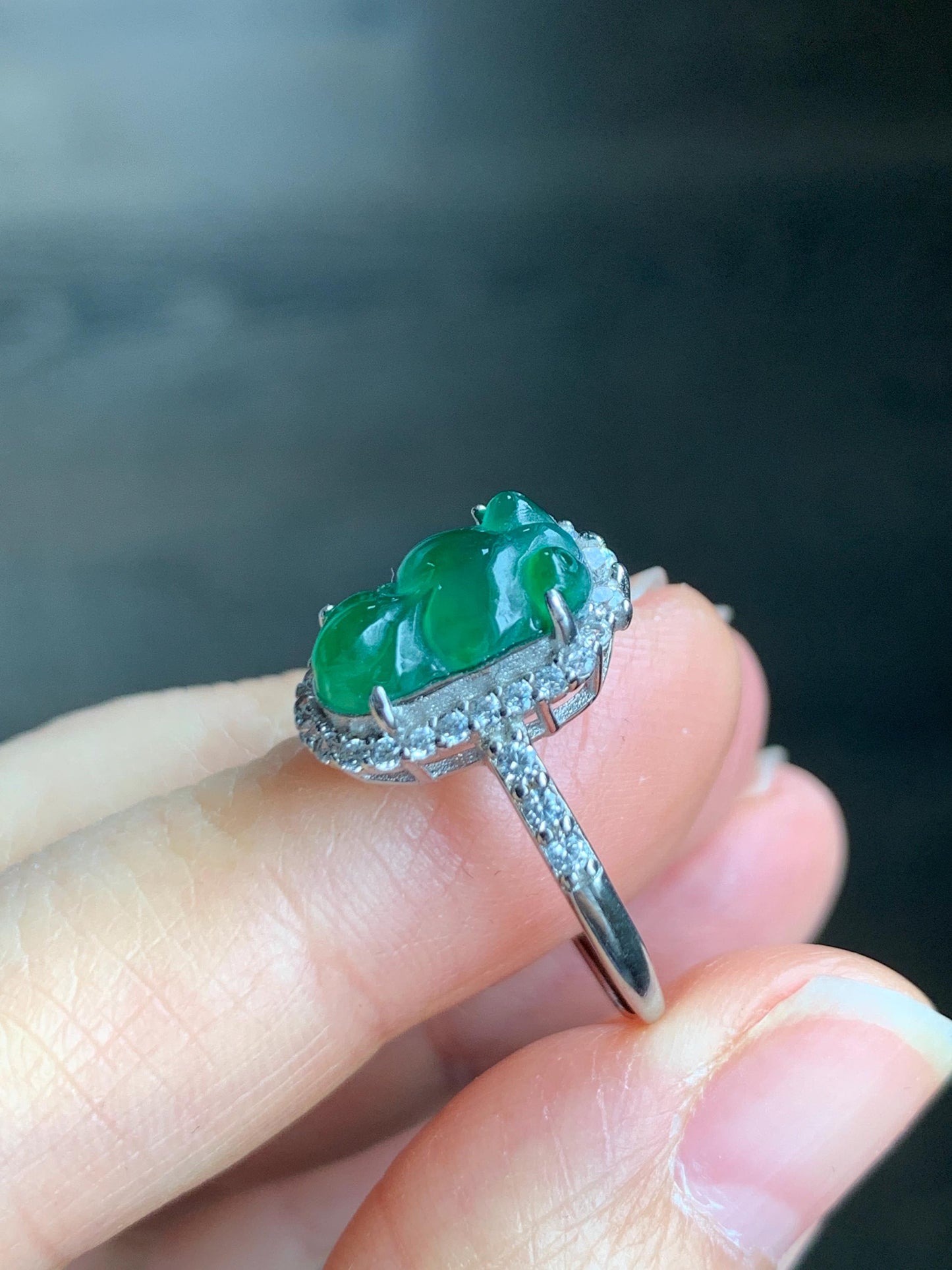 Natural Grade A Guatemalan Icy Translucent Green Jadeite Carved Goldfish Ring Sterling Silver Size 7 Adjustable 天然冰危绿翡翠金鱼银镶戒指 LJY180-A