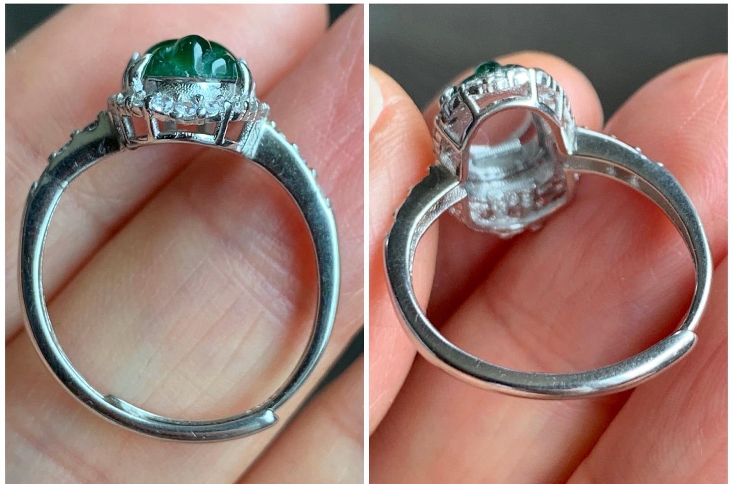 Natural Grade A Guatemalan Icy Translucent Green Jadeite Carved Goldfish Ring Sterling Silver Size 7 Adjustable 天然冰危绿翡翠金鱼银镶戒指 LJY180-B