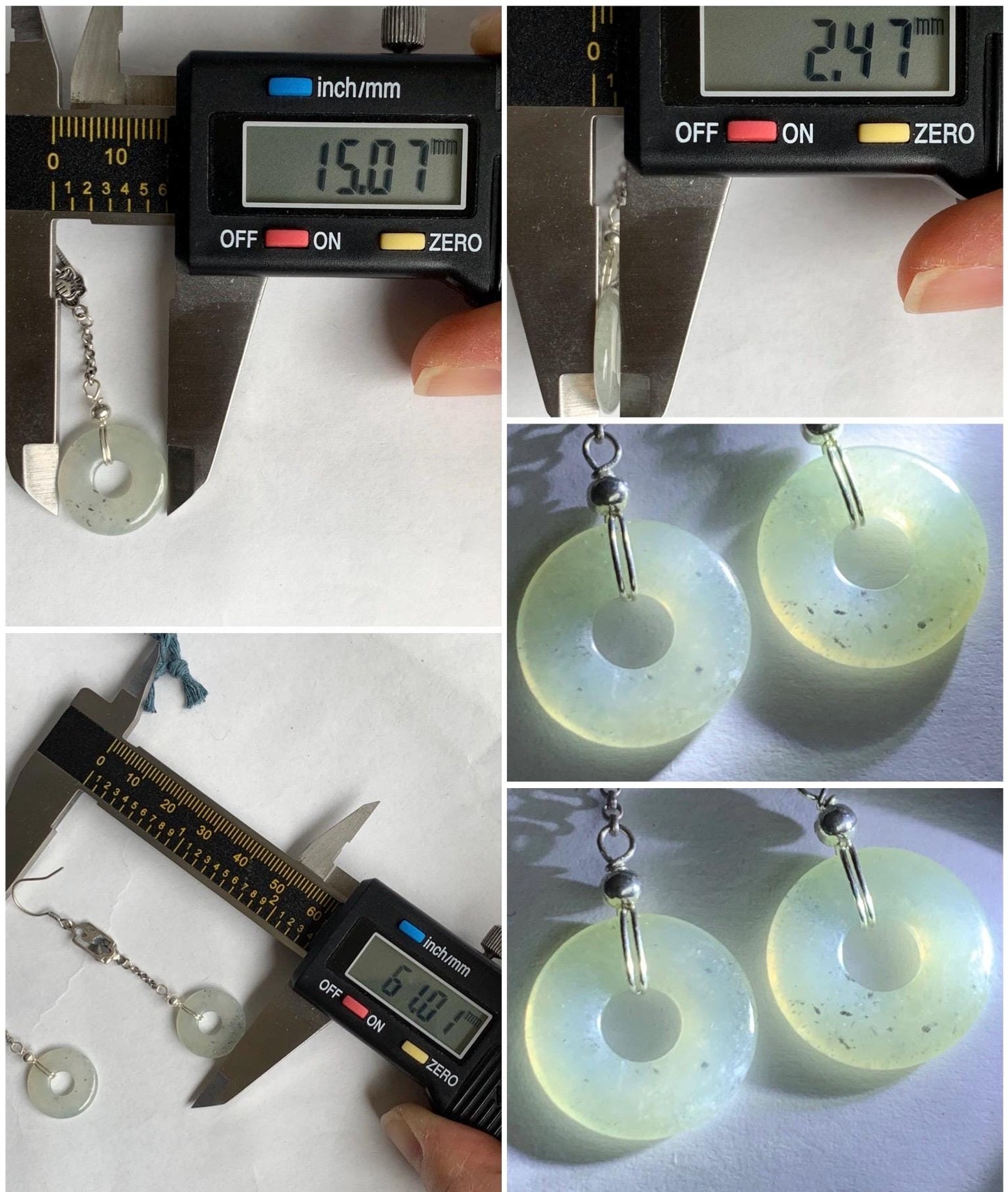 Natural Grade A Icy Translucent Light Wuji Marbled Jadeite Ping An Kou Donut Dangle Earrings S925 Sterling Silver 天然A货冰胶乌鸡翡翠平安扣银耳钩 WJX99