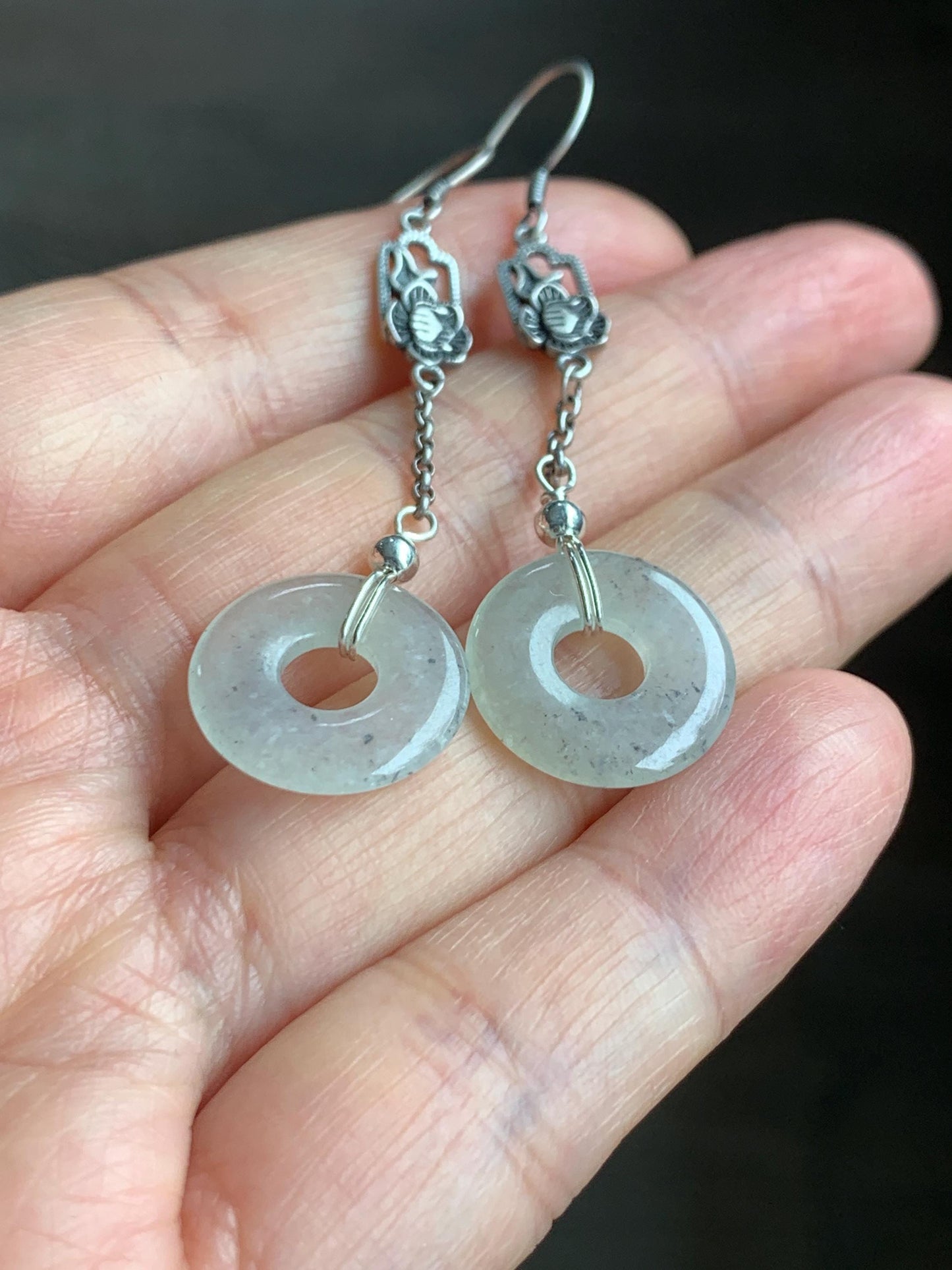 Natural Grade A Icy Translucent Light Wuji Marbled Jadeite Ping An Kou Donut Dangle Earrings S925 Sterling Silver 天然A货冰胶乌鸡翡翠平安扣银耳钩 WJX99