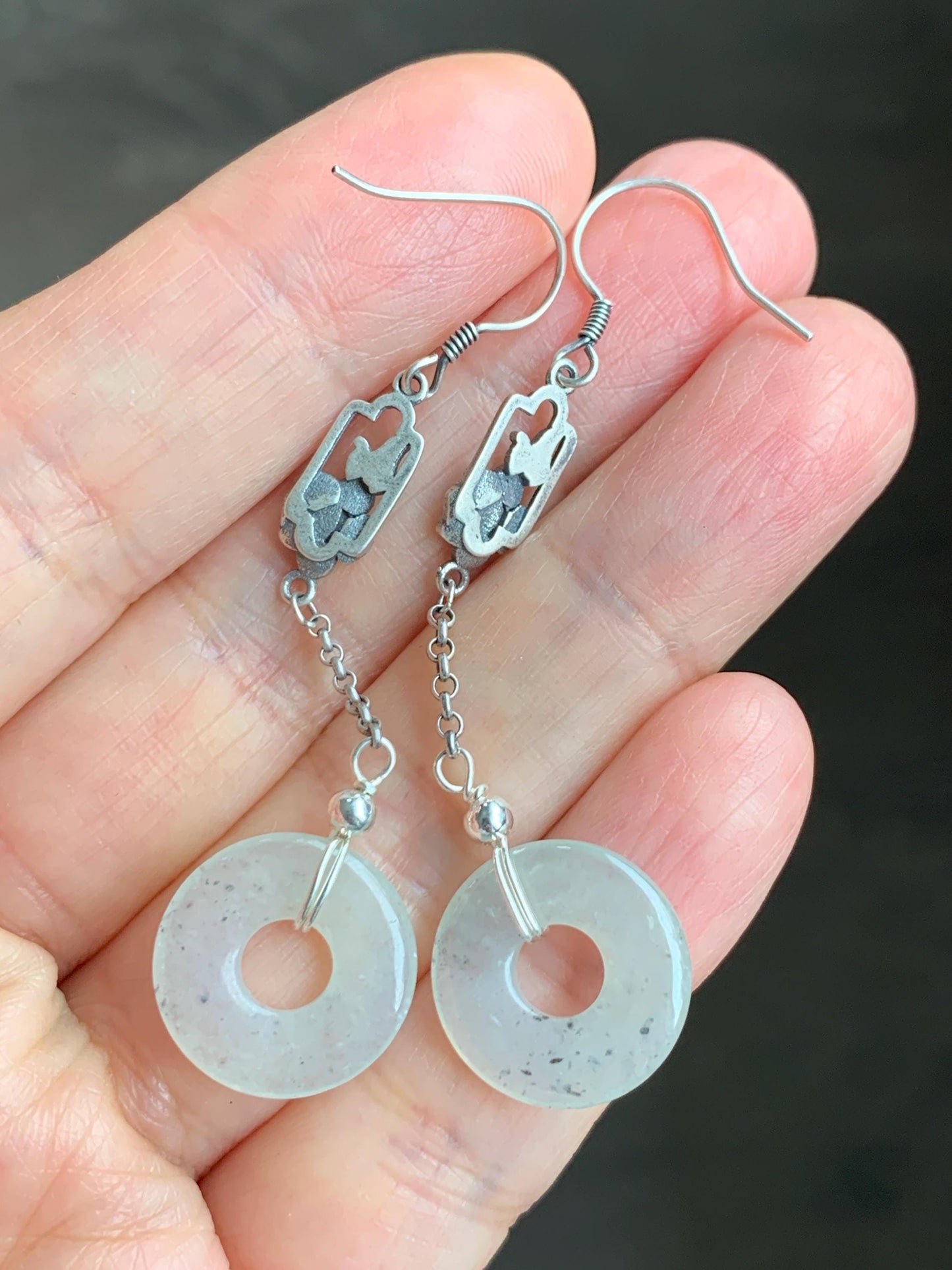 Natural Grade A Icy Translucent Light Wuji Marbled Jadeite Ping An Kou Donut Dangle Earrings S925 Sterling Silver 天然A货冰胶乌鸡翡翠平安扣银耳钩 WJX99