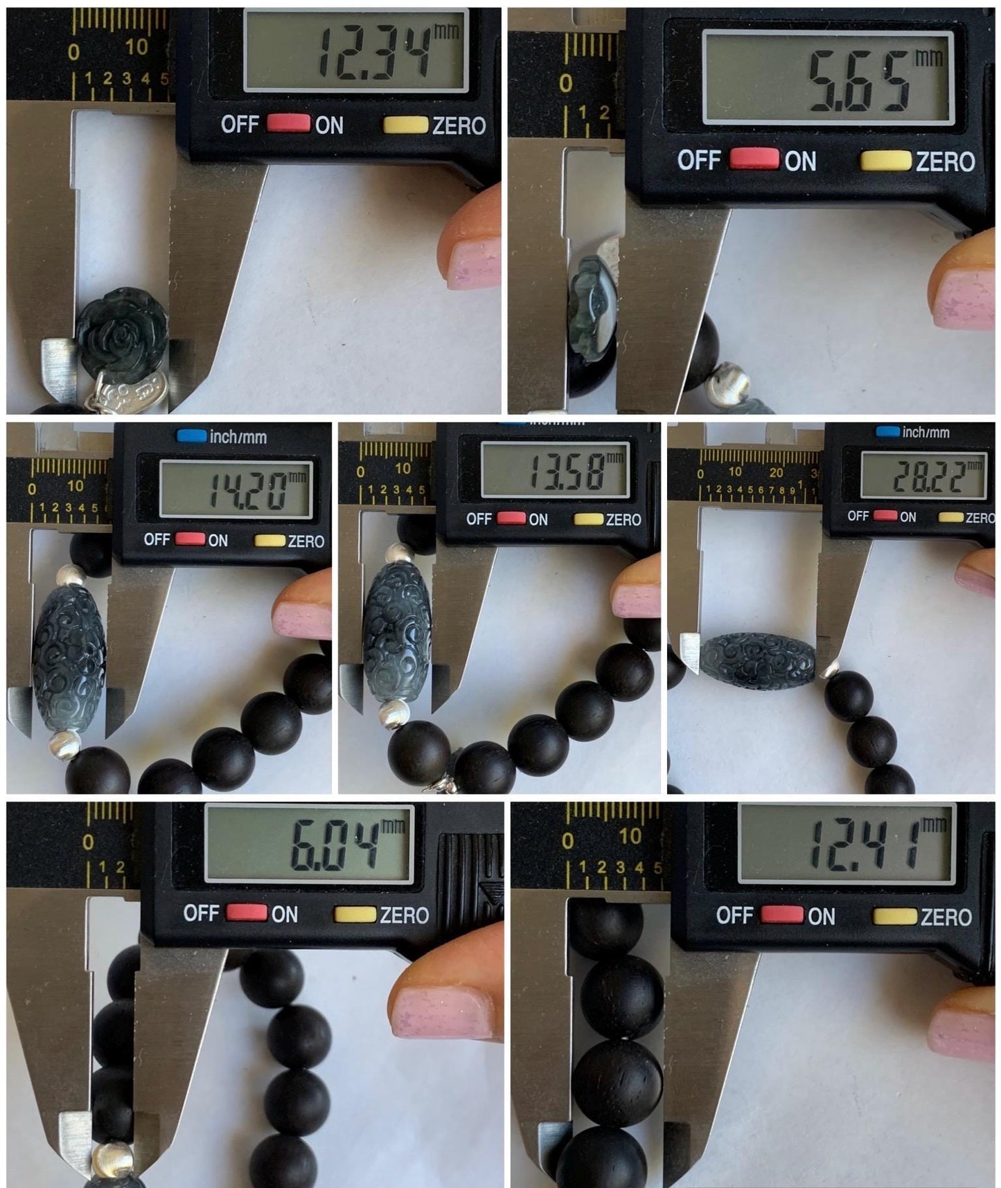 Natural Grade A Icy Translucent Wuji Jadeite Engraved Dzi Bead Rose Charm Wood Beads Beaded Bracelet Sterling Silver 7" 天然冰胶乌鸡翡翠天珠玫瑰花随意扣木珠手串