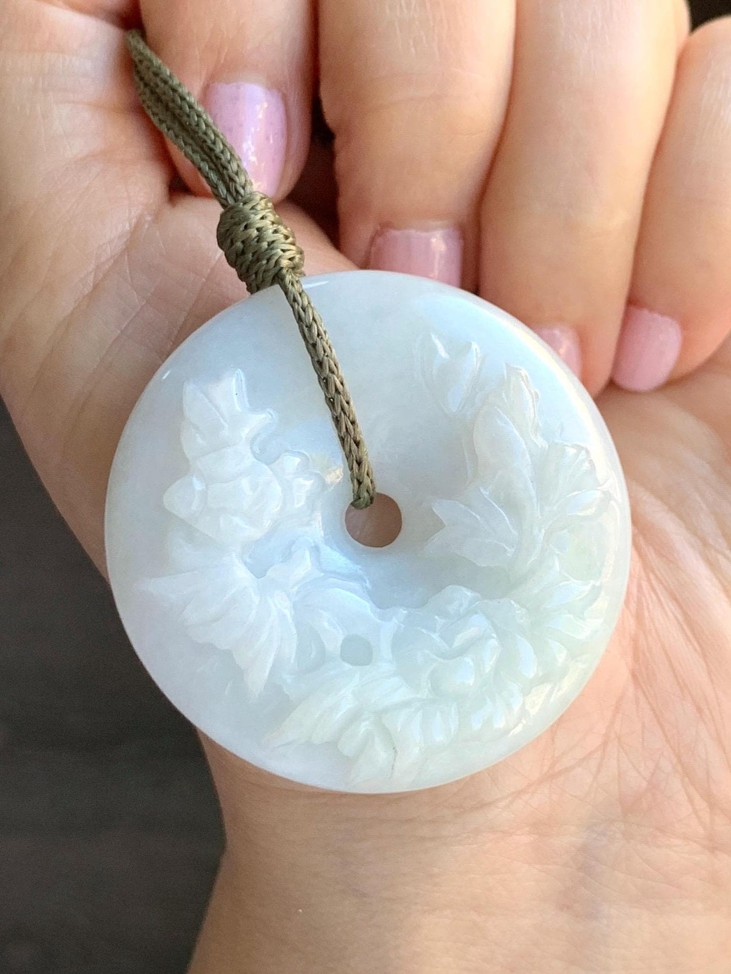 Natural Grade A Icy Translucent Pale Green Jadeite Carved Ping An Kou Donut Pendant Rope Necklace Adjustable 24" 44g 天然糯冰翡翠花开富贵双面雕平安扣吊坠