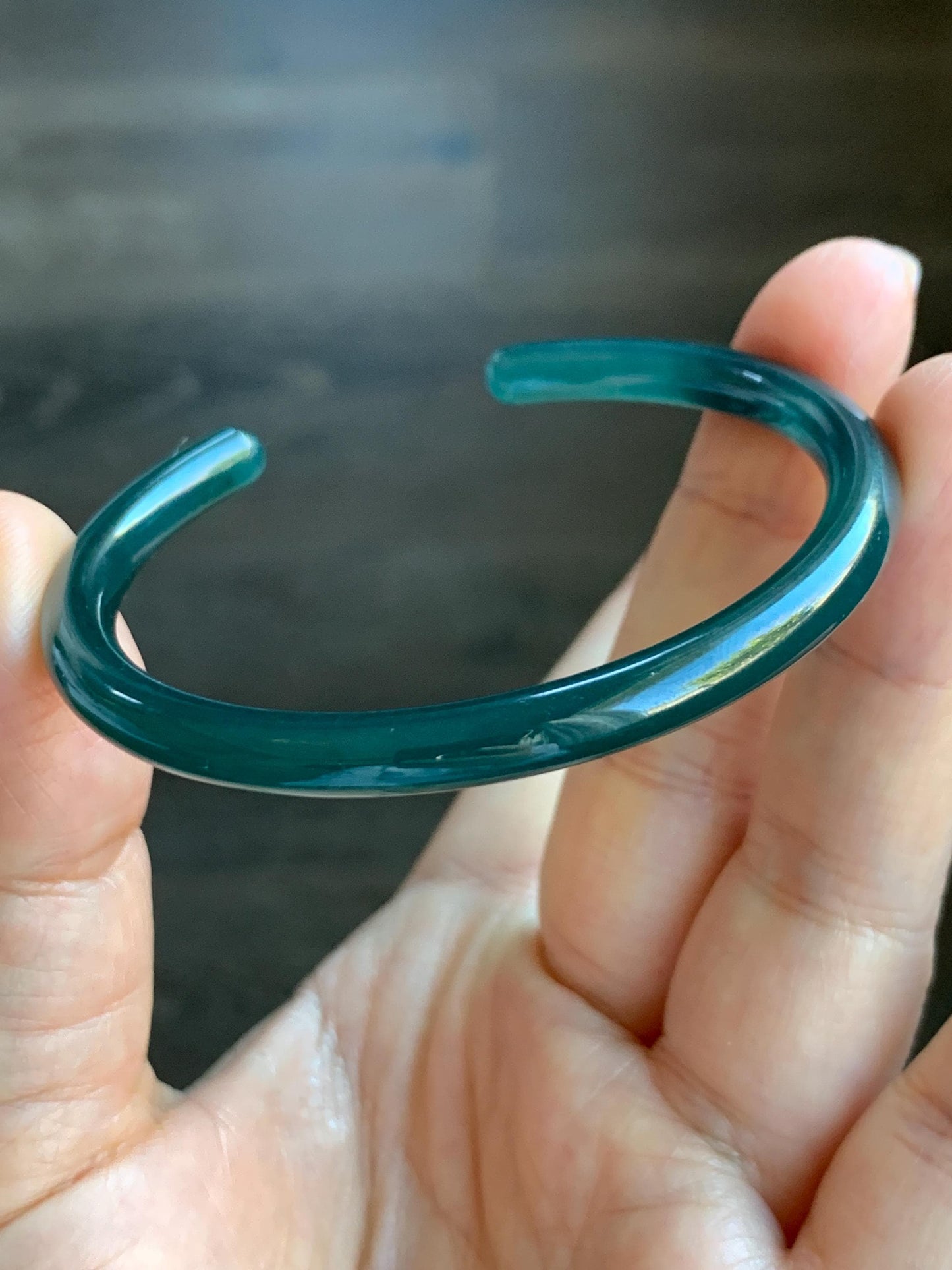 Natural Grade A Guatemalan Icy Translucent Gelatinous Dark Teal Green Jadeite Open Bangle Bracelet 54.1mm 6.65" 12g 天然老种冰胶危篮绿翡翠开口镯