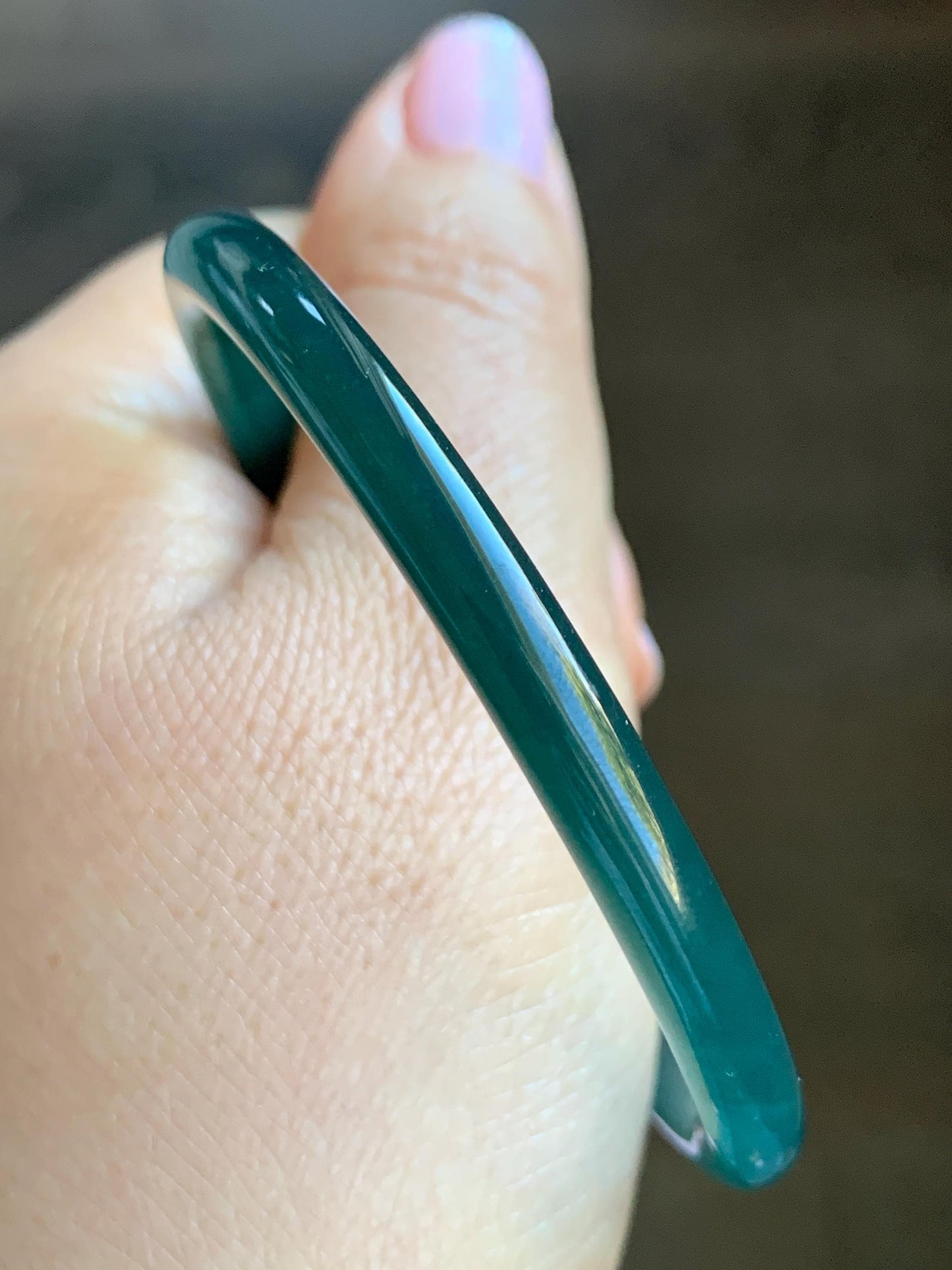 Natural Grade A Guatemalan Icy Translucent Gelatinous Dark Teal Green Jadeite Open Bangle Bracelet 54.1mm 6.65" 12g 天然老种冰胶危篮绿翡翠开口镯