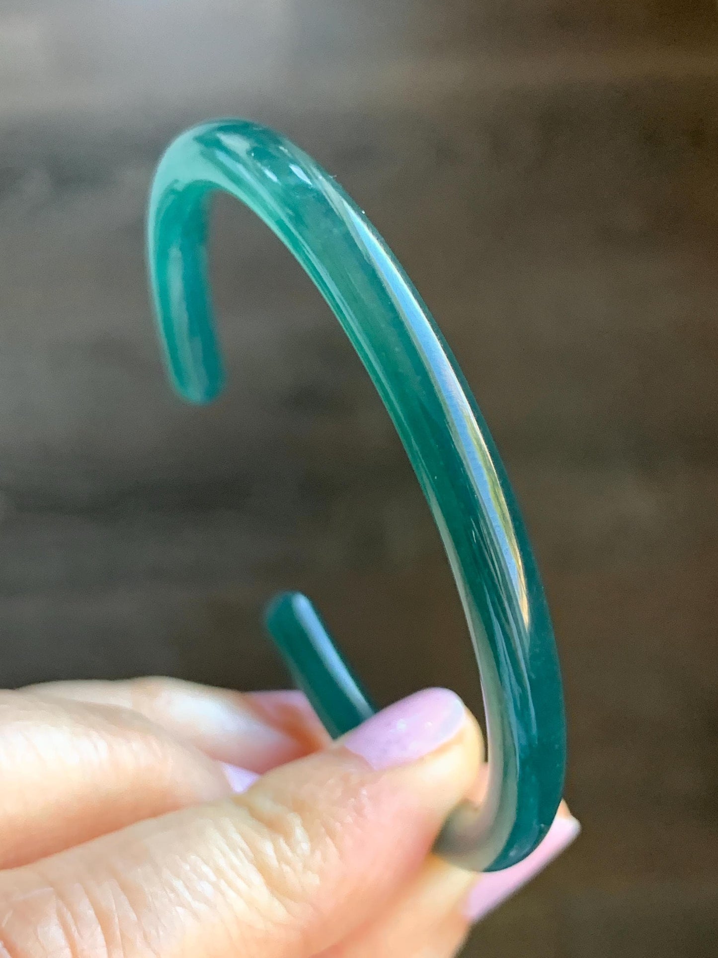Natural Grade A Guatemalan Icy Translucent Gelatinous Dark Teal Green Jadeite Open Bangle Bracelet 54.1mm 6.65" 12g 天然老种冰胶危篮绿翡翠开口镯