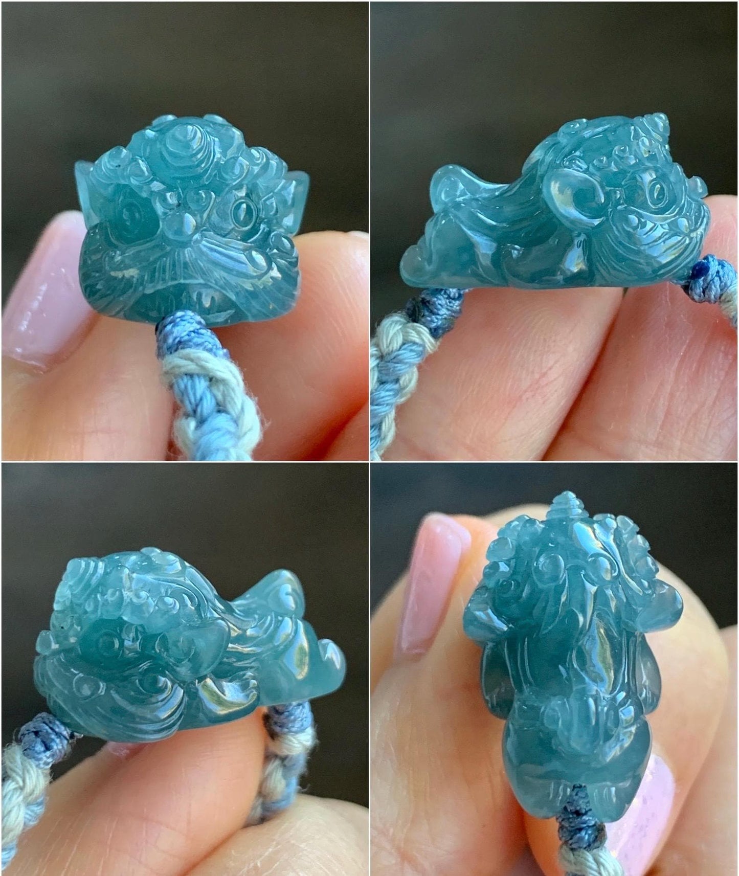 Natural Grade A Guatemalan Icy Translucent Gelatinous Dusty Blue Jadeite Carved Dancing Lion Rope Bracelet Adjustable 7g 天然冰胶危蓝翡翠精工雕摆烂小醒狮手绳
