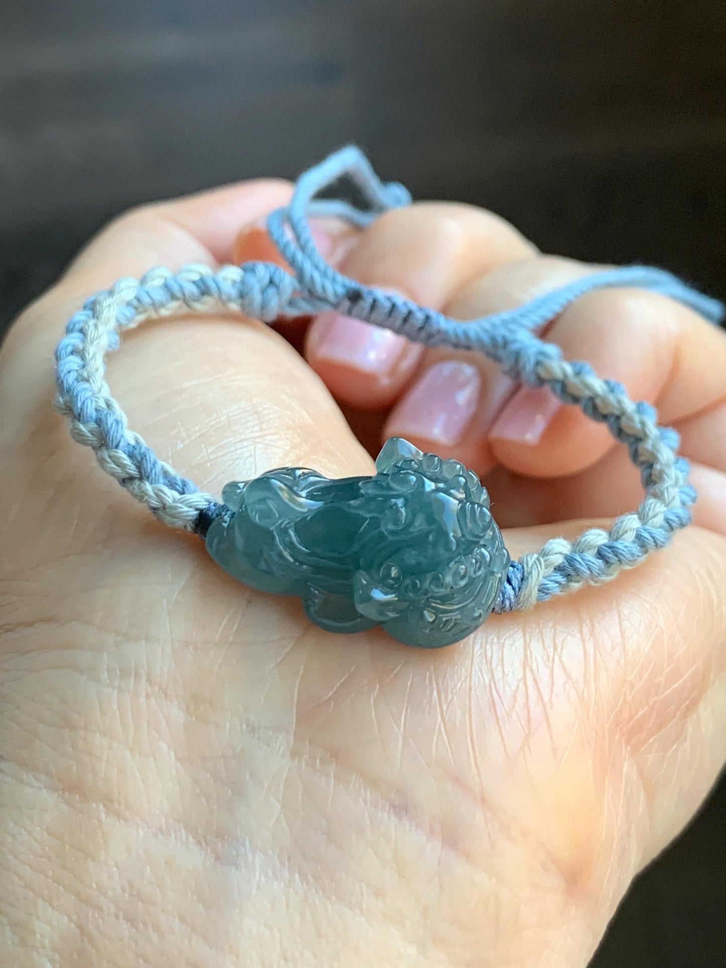 Natural Grade A Guatemalan Icy Translucent Gelatinous Dusty Blue Jadeite Carved Dancing Lion Rope Bracelet Adjustable 7g 天然冰胶危蓝翡翠精工雕摆烂小醒狮手绳