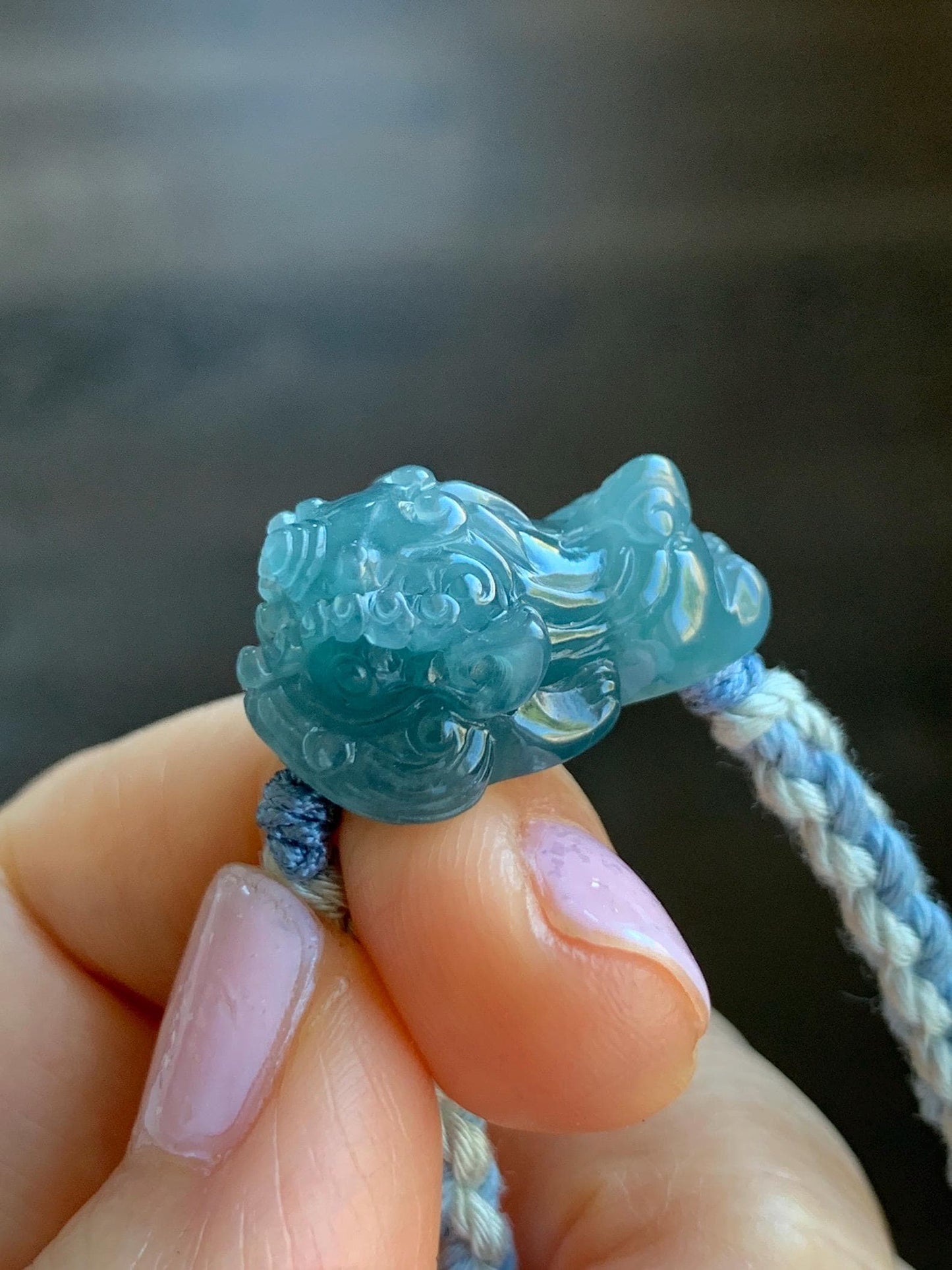 Natural Grade A Guatemalan Icy Translucent Gelatinous Dusty Blue Jadeite Carved Dancing Lion Rope Bracelet Adjustable 7g 天然冰胶危蓝翡翠精工雕摆烂小醒狮手绳