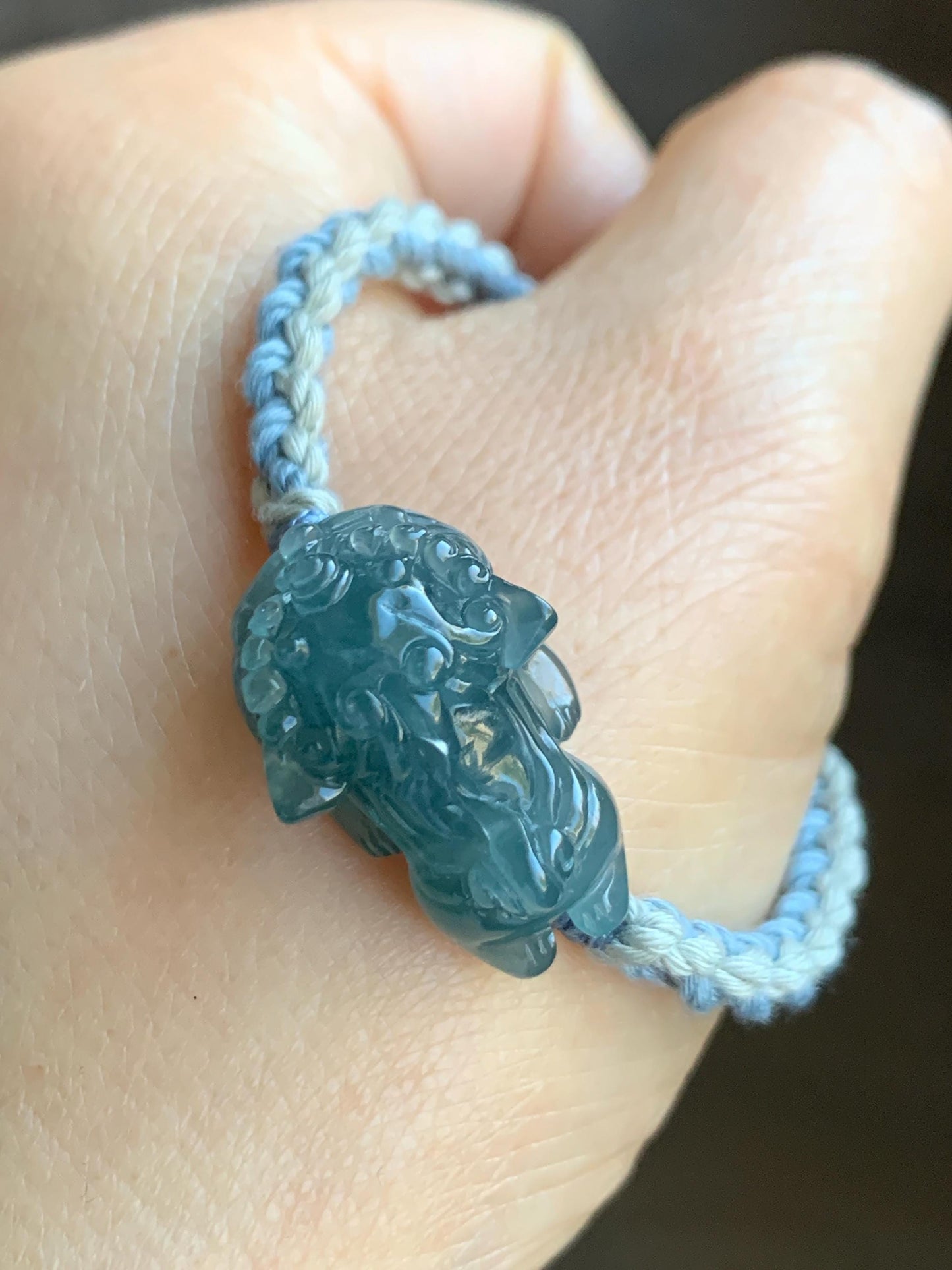 Natural Grade A Guatemalan Icy Translucent Gelatinous Dusty Blue Jadeite Carved Dancing Lion Rope Bracelet Adjustable 7g 天然冰胶危蓝翡翠精工雕摆烂小醒狮手绳