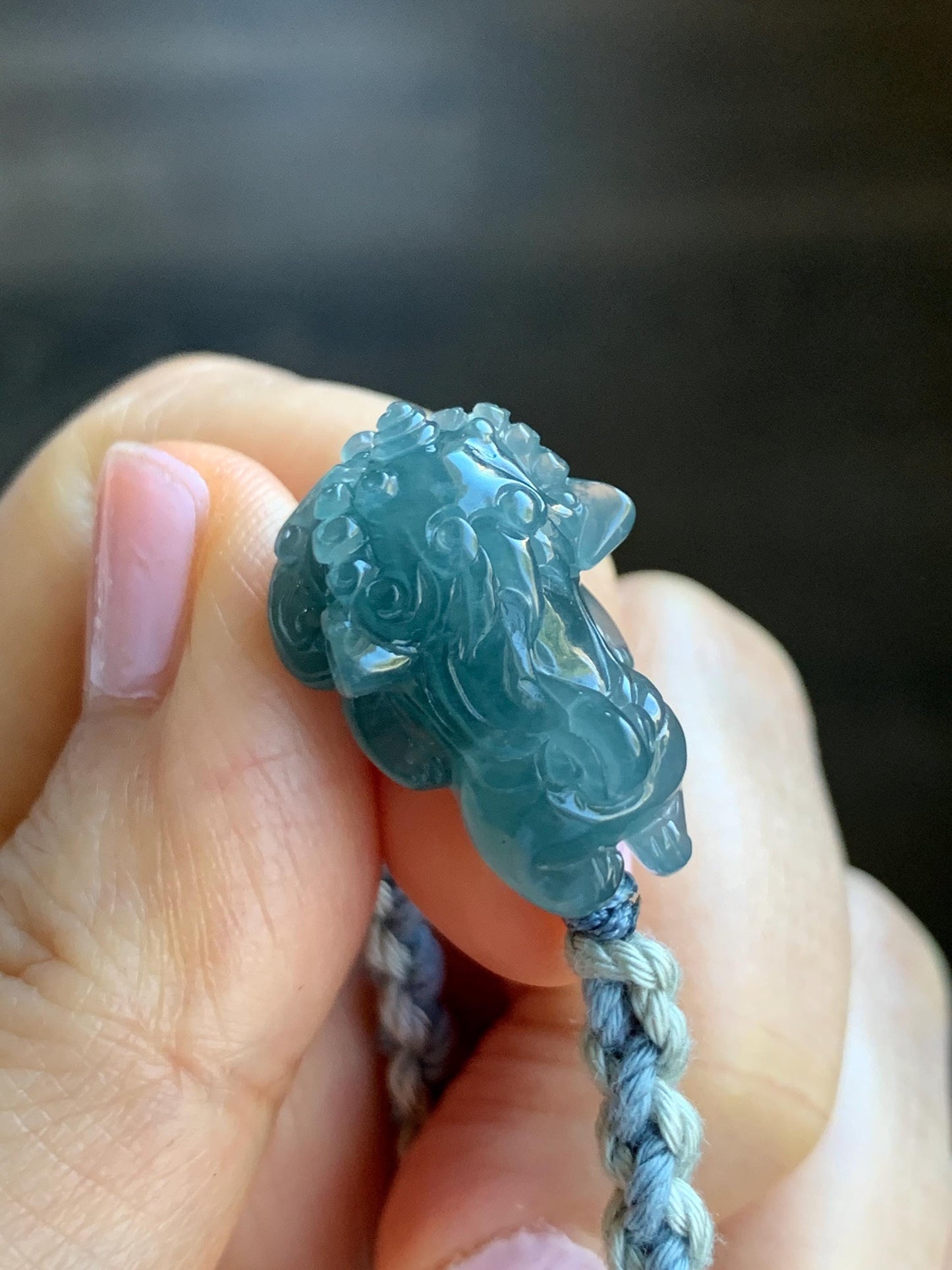 Natural Grade A Guatemalan Icy Translucent Gelatinous Dusty Blue Jadeite Carved Dancing Lion Rope Bracelet Adjustable 7g 天然冰胶危蓝翡翠精工雕摆烂小醒狮手绳
