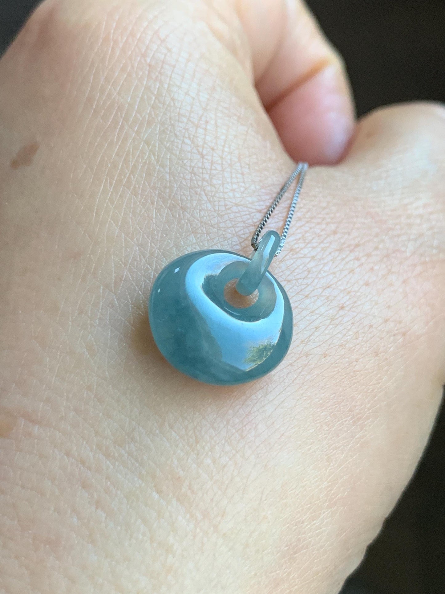 Natural Grade A Guatemalan Icy Translucent Dusty Blue Jadeite Donut w/ Interlocking Bail Pendant Necklace Sterling Silver 天然冰危蓝翡翠平扣环扣吊坠
