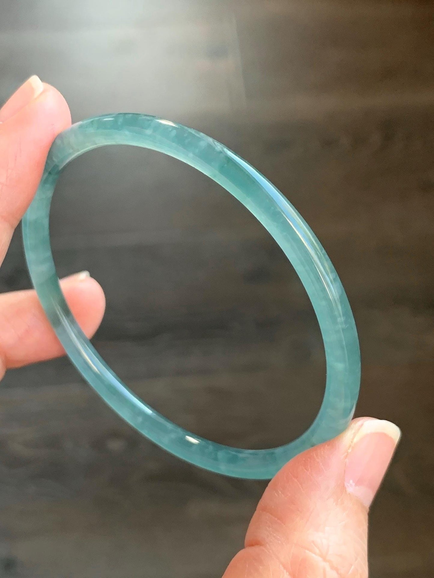 Certified Natural Guatemalan Icy Highly Translucent Gelatinous Teal Blue Jadeite Slim Bangle Bracelet 57.68mm 11.81g 天然老种冰胶危蓝翡翠细圆条手镯 1137