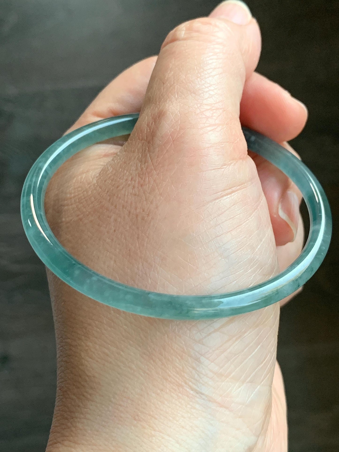 Certified Natural Guatemalan Icy Highly Translucent Gelatinous Teal Blue Jadeite Slim Bangle Bracelet 57.68mm 11.81g 天然老种冰胶危蓝翡翠细圆条手镯 1137