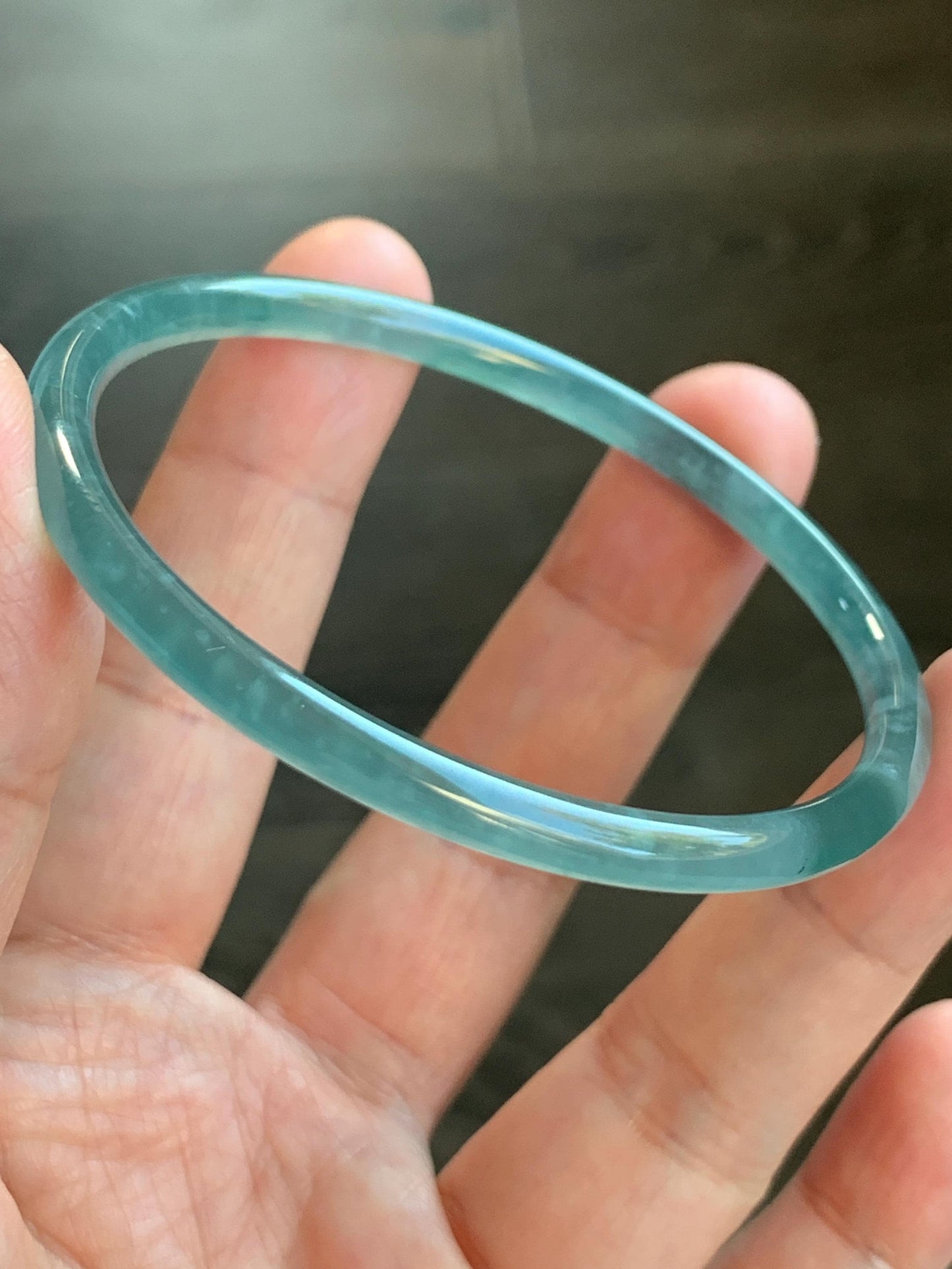 Certified Natural Guatemalan Icy Highly Translucent Gelatinous Teal Blue Jadeite Slim Bangle Bracelet 57.68mm 11.81g 天然老种冰胶危蓝翡翠细圆条手镯 1137