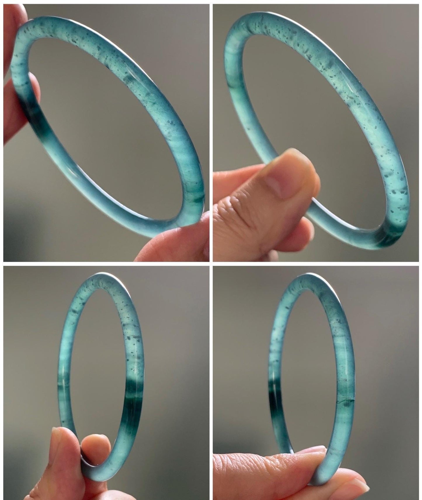 Certified Natural Guatemalan Icy Highly Translucent Gelatinous Dark Teal Blue Jadeite Slim Bangle 59.7mm 15.38g 天然老种冰胶危蓝翡翠细圆条手镯 1139