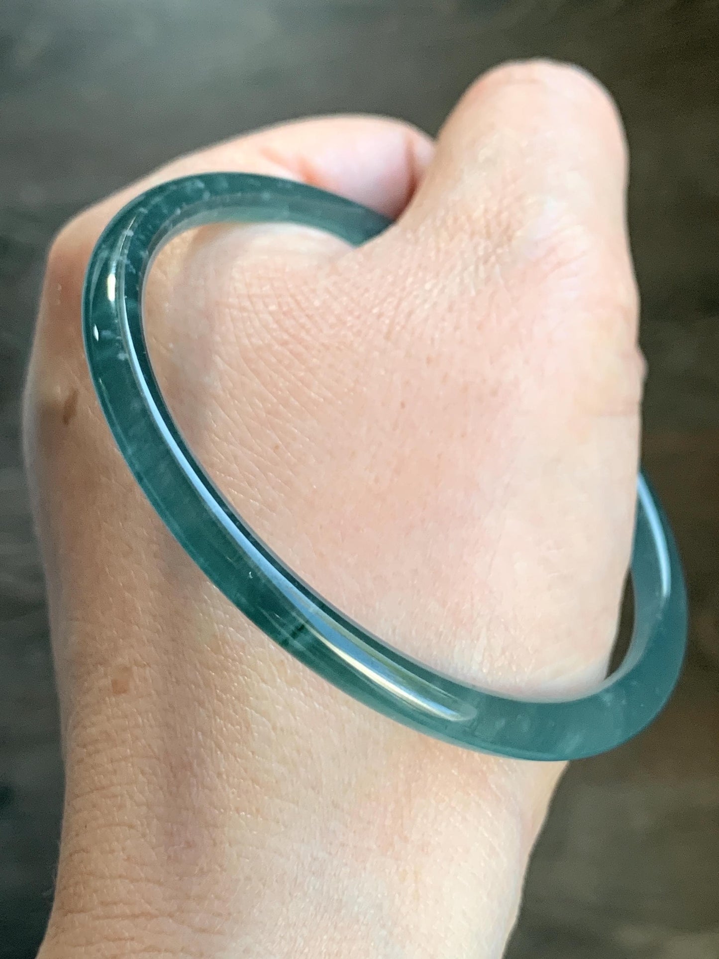 Certified Natural Guatemalan Icy Highly Translucent Gelatinous Dark Teal Blue Jadeite Slim Bangle 59.7mm 15.38g 天然老种冰胶危蓝翡翠细圆条手镯 1139