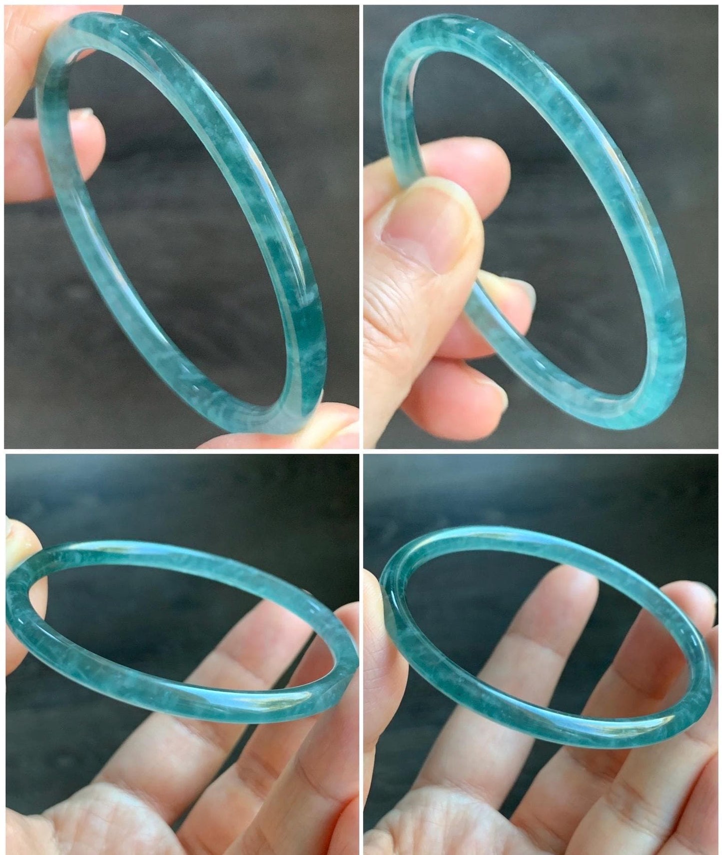 Certified Natural Guatemalan Icy Highly Translucent Gelatinous Teal Blue Jadeite Slim Bangle 54.54mm 11.75g 天然老种冰胶危蓝翡翠细圆条手镯 1136