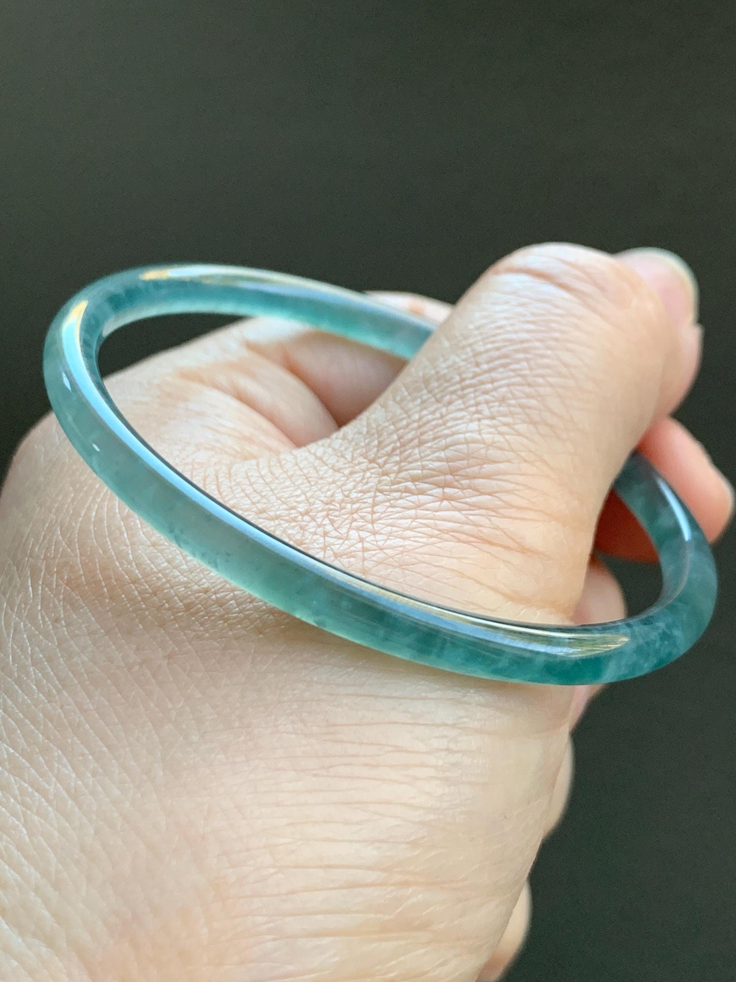 Certified Natural Guatemalan Icy Highly Translucent Gelatinous Teal Blue Jadeite Slim Bangle 54.45mm 10.94g 天然老种冰胶危蓝翡翠细圆条手镯 1138