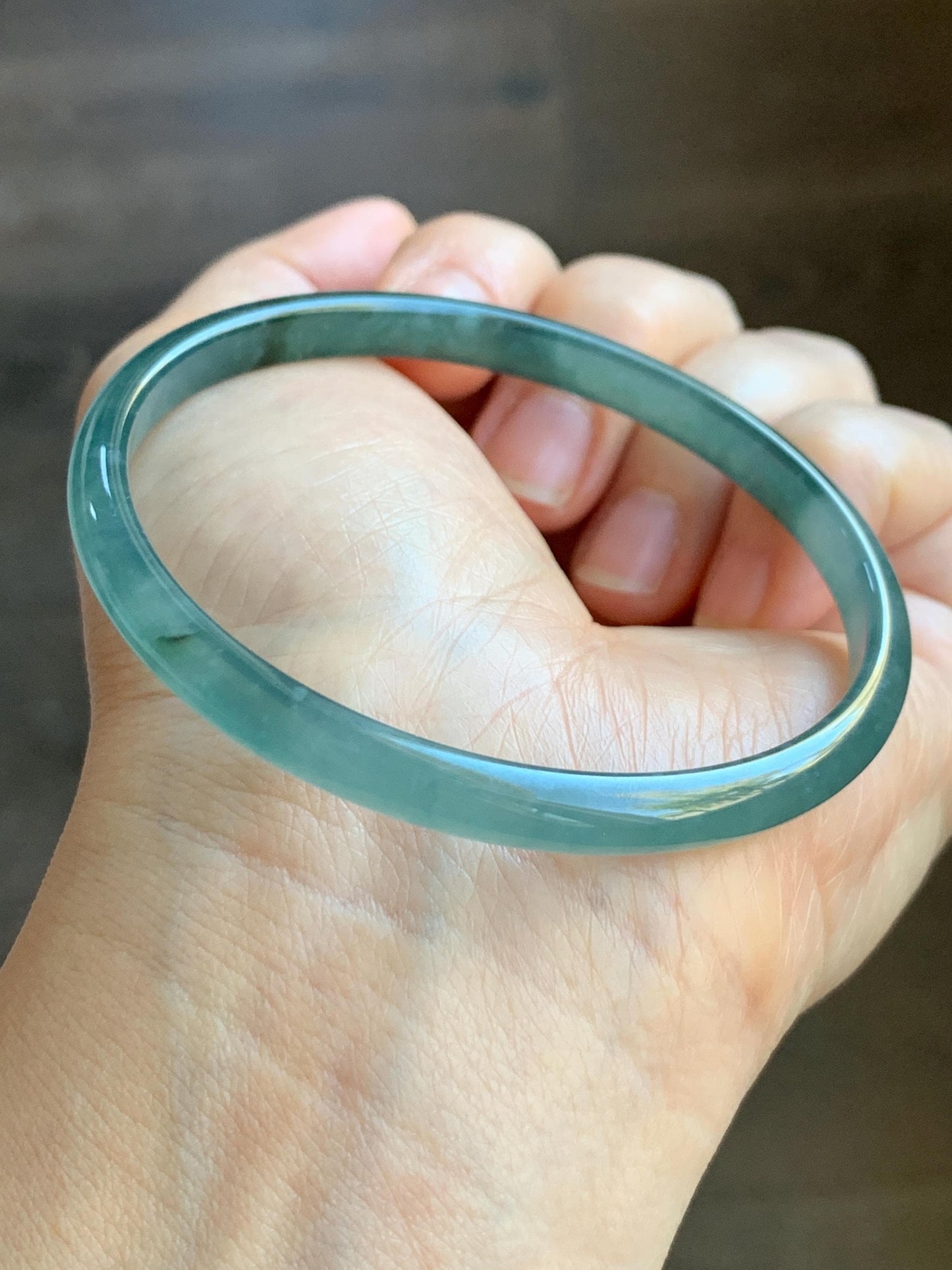 Certified Natural Grade A Guatemalan Icy Highly Translucent Gelatinous Teal Blue Jadeite Slim Bangle 61mm 16.59g 天然老种冰胶危蓝飘花翡翠细条手镯 1131