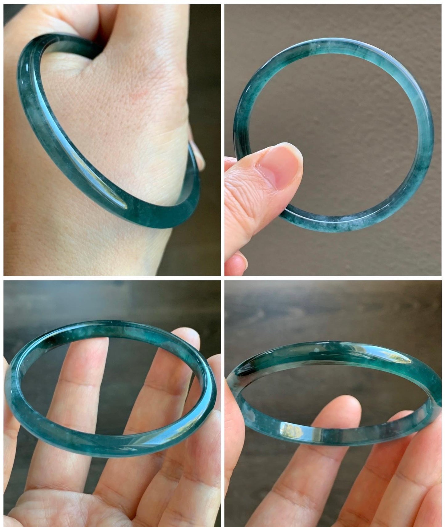 Certified Natural Guatemalan Icy Highly Translucent Gelatinous Dark Teal Blue Jadeite Slim Bangle 55.77mm 15.27g 天然老种冰胶危深蓝飘花翡翠细条手镯 1133