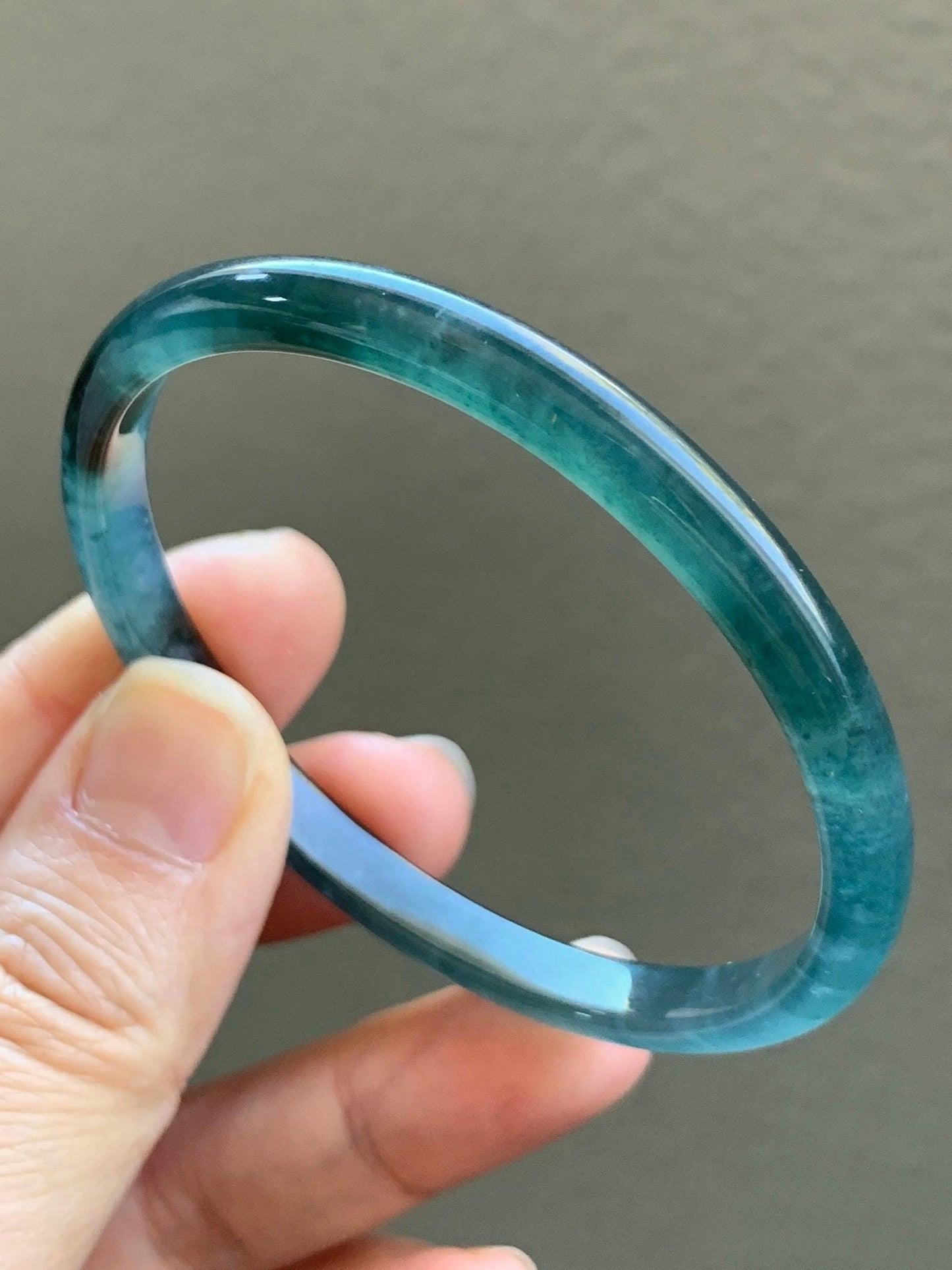 Certified Natural Guatemalan Icy Highly Translucent Gelatinous Dark Teal Blue Jadeite Slim Bangle 55.77mm 15.27g 天然老种冰胶危深蓝飘花翡翠细条手镯 1133