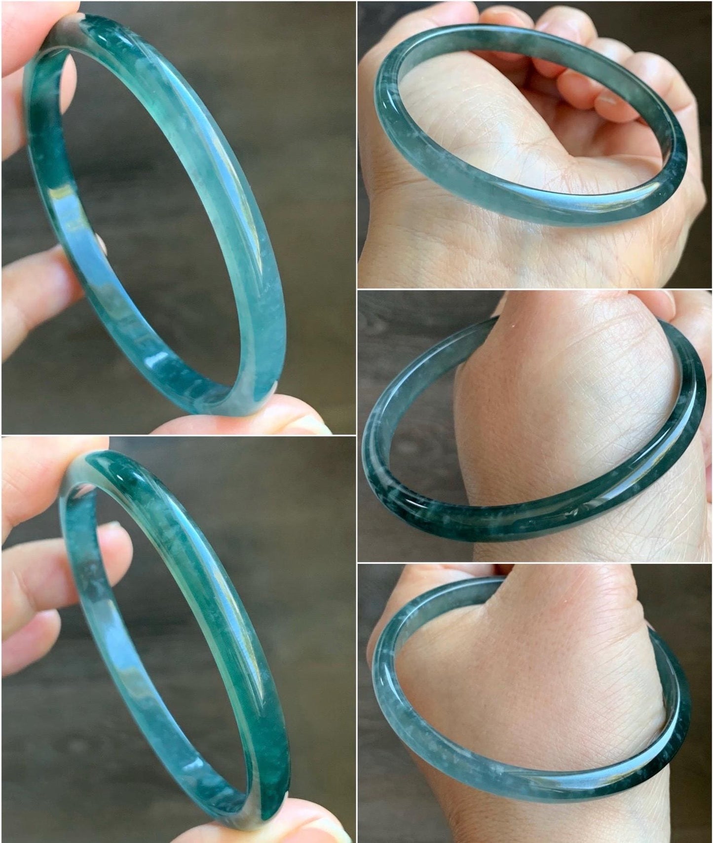 Certified Natural Grade A Guatemalan Icy Highly Translucent Gelatinous Teal Blue Jadeite Slim Bangle 58.8mm 16.35g 天然老种冰胶危蓝飘花翡翠细条手镯 1135