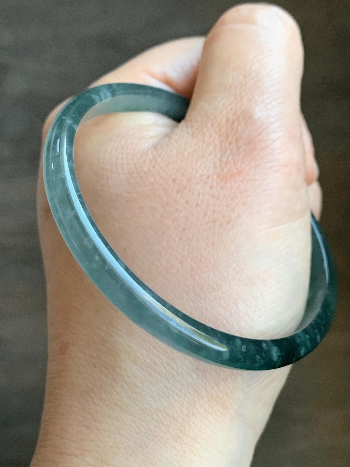 Certified Natural Grade A Guatemalan Icy Highly Translucent Gelatinous Teal Blue Jadeite Slim Bangle 58.8mm 16.35g 天然老种冰胶危蓝飘花翡翠细条手镯 1135