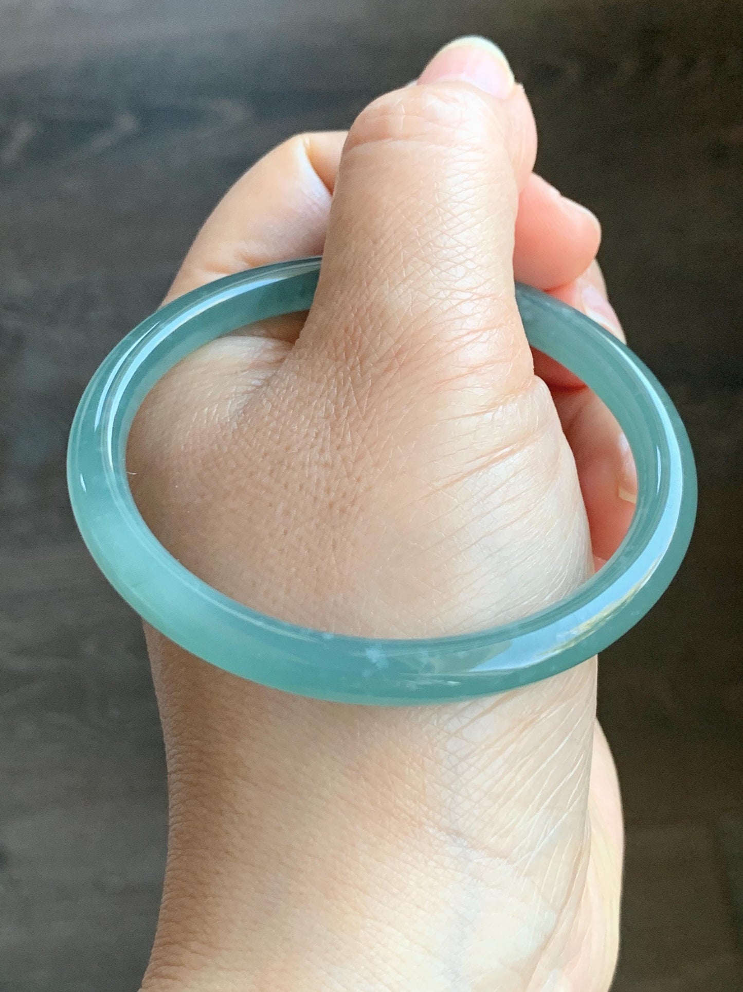 Certified Natural Grade A Guatemalan Icy Translucent Gelatinous Blueish Green Jadeite Bangle Bracelet 56.76m 21.4g 天然冰胶危蓝绿翡翠圆条手镯 1140