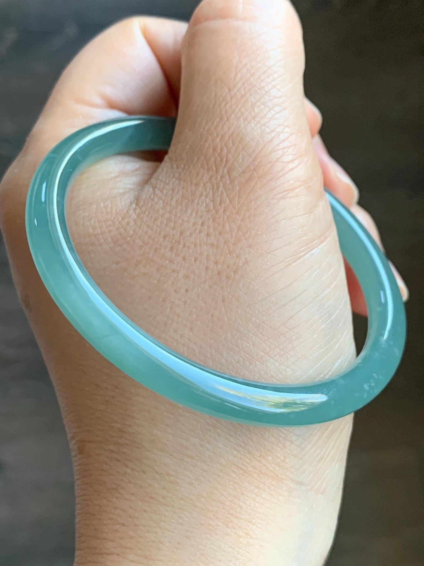 Certified Natural Grade A Guatemalan Icy Translucent Gelatinous Blueish Green Jadeite Bangle Bracelet 56.76m 21.4g 天然冰胶危蓝绿翡翠圆条手镯 1140