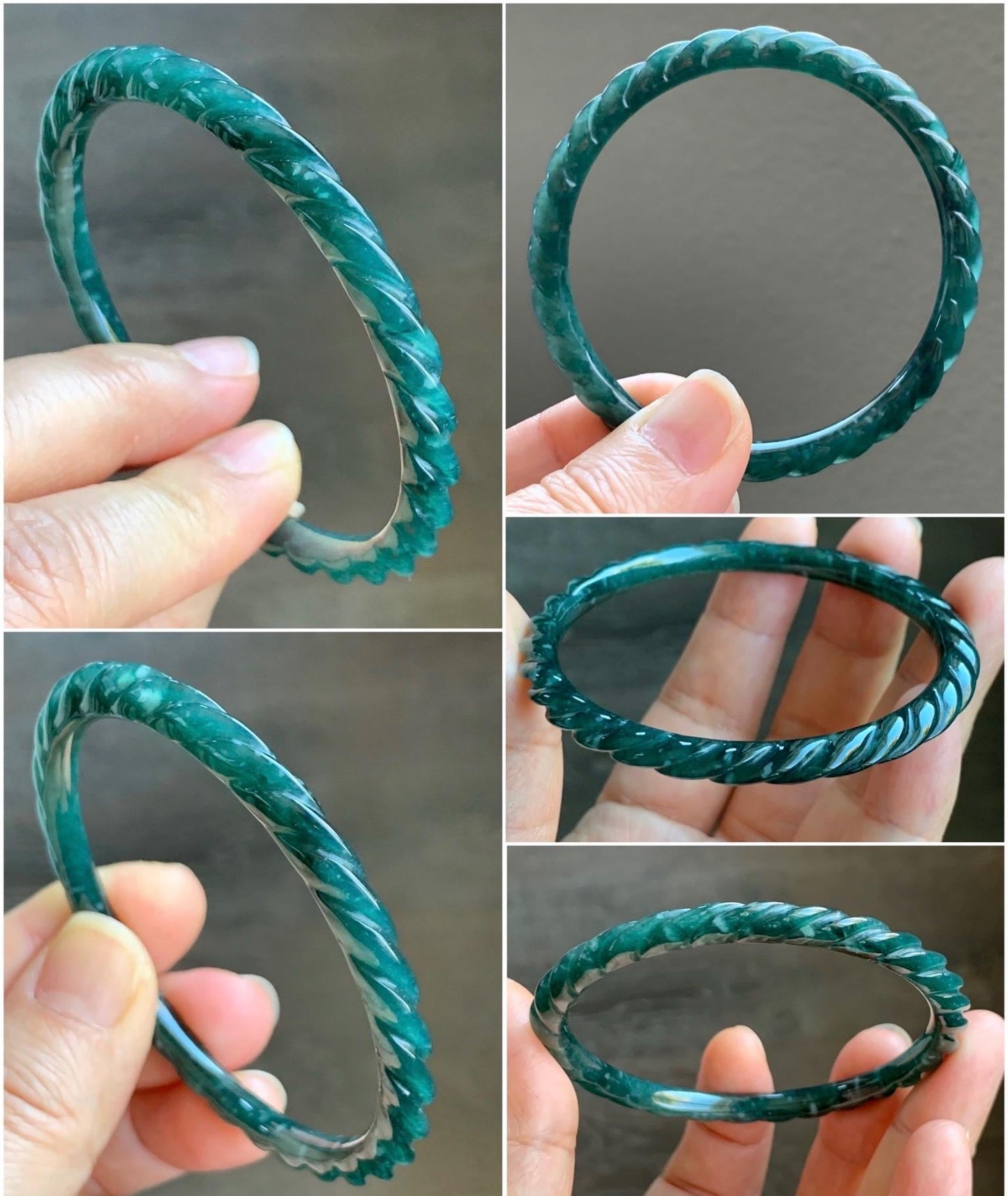 Certified Natural Grade A Icy Translucent Gelatinous Teal Green Jadeite Carved Braid Bangle Bracelet 55.88mm 6.9” 13.9g 天然冰危篮绿翡翠麻花手镯 1141